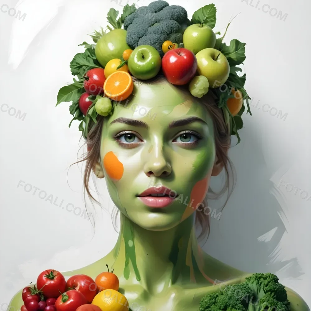 Digital Painting A White Woman Green Skin 25 Years Old With Fruits And Vegetables On Her Head And Body White Background Bold And Slim Lines Brush Strokes 8 8d04