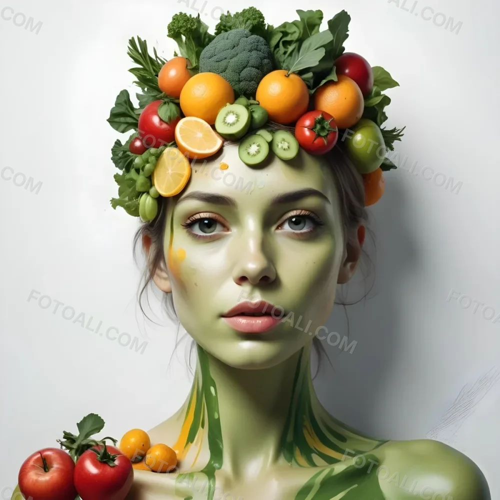 Digital Painting A White Woman Green Skin 25 Years Old With Fruits And Vegetables On Her Head And Body White Background Bold And Slim Lines Brush Strokes 9 36ef