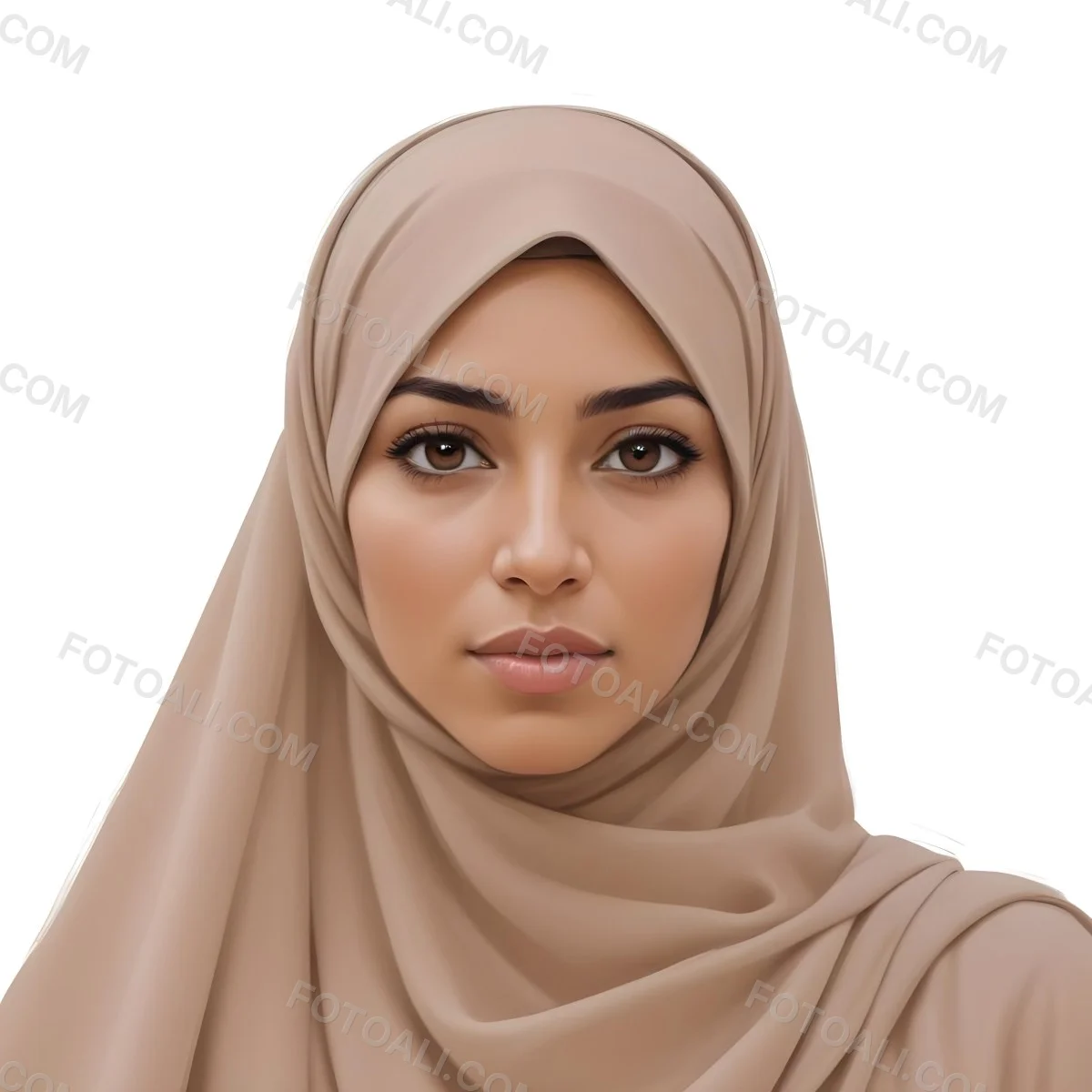 Digital Painting A Woman Of Middle Eastern Descent Approximately 30 Years Old With Medium Brown Skin And Dark Hair Covered By A Light Beige Hijab She Has A Neutral Expression And Is Facing Forward Against A Plain Whit 12 2e9d