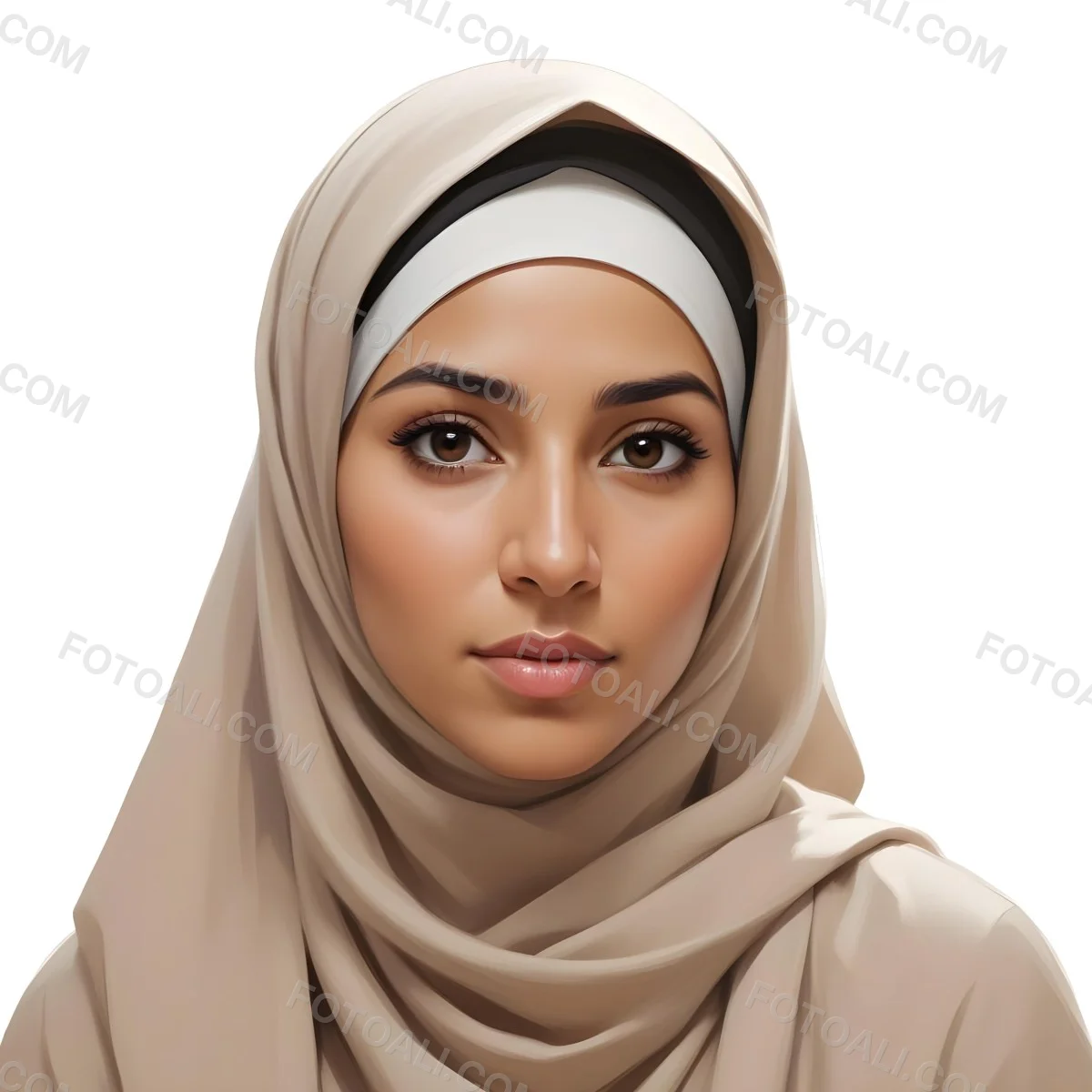 Digital Painting A Woman Of Middle Eastern Descent Approximately 30 Years Old With Medium Brown Skin And Dark Hair Covered By A Light Beige Hijab She Has A Neutral Expression And Is Facing Forward Against A Plain Whit 5 Eec2