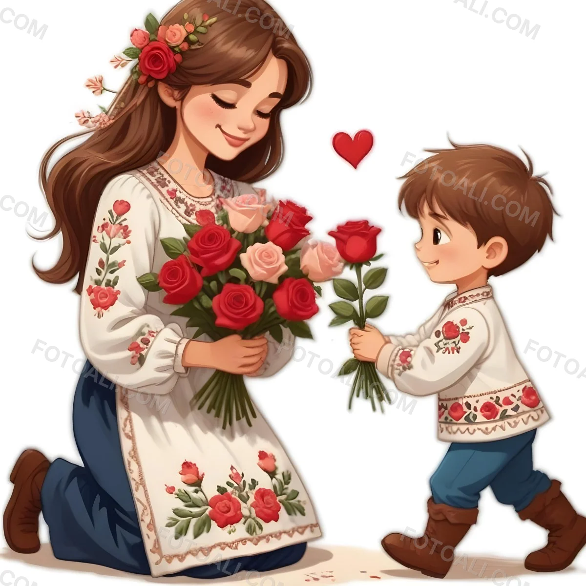 Digital Painting A Woman With Long Brown Hair Wearing A Traditional Embroidered Dress Is Kneeling And Receiving A Bouquet Of Roses From A Young Boy With Short Brown Hair The Boy Is Wearing A Similar Embroidered Shirt An 14 59a3