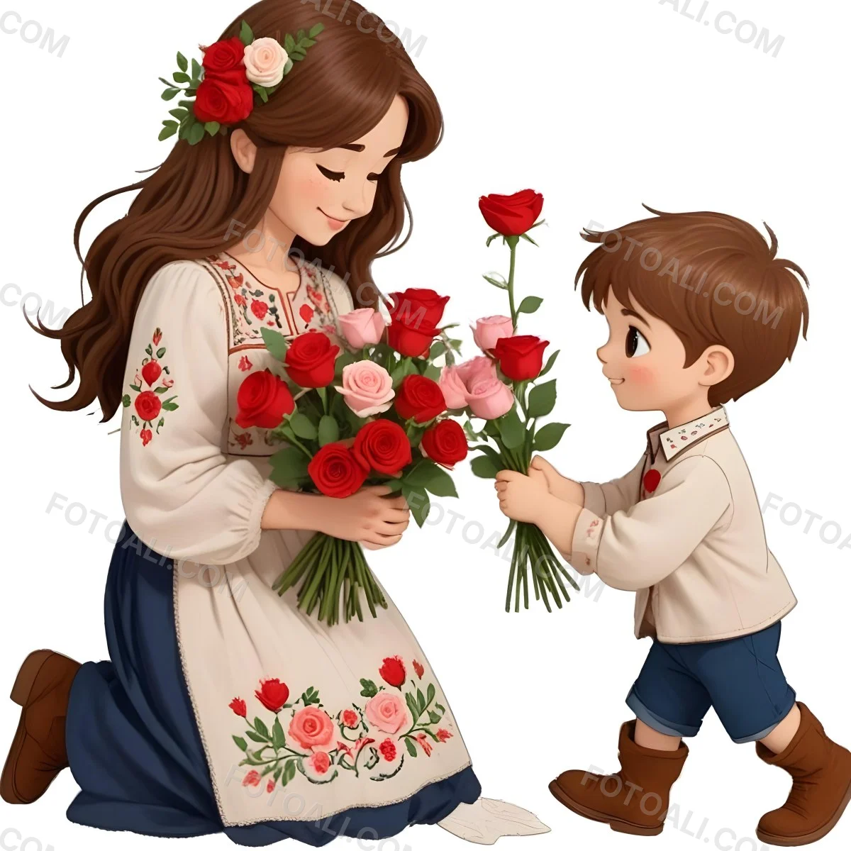 Digital Painting A Woman With Long Brown Hair Wearing A Traditional Embroidered Dress Is Kneeling And Receiving A Bouquet Of Roses From A Young Boy With Short Brown Hair The Boy Is Wearing A Similar Embroidered Shirt An 22 D8dd