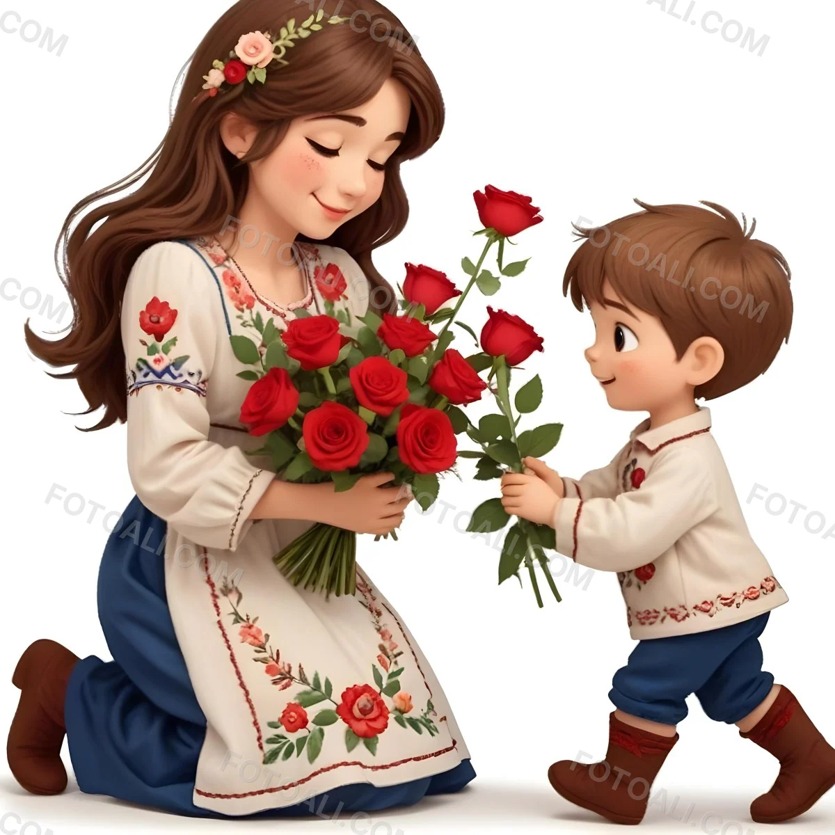 Digital Painting A Woman With Long Brown Hair Wearing A Traditional Embroidered Dress Is Kneeling And Receiving A Bouquet Of Roses From A Young Boy With Short Brown Hair The Boy Is Wearing A Similar Embroidered Shirt An 26 2656