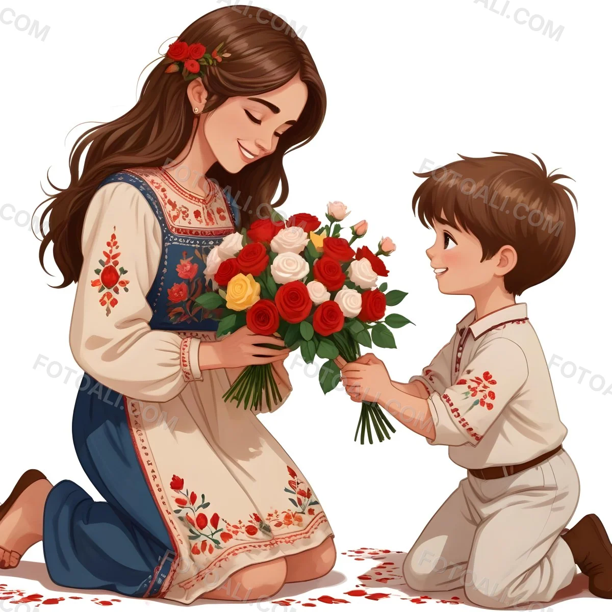 Digital Painting A Woman With Long Brown Hair Wearing A Traditional Embroidered Dress Is Kneeling And Receiving A Bouquet Of Roses From A Young Boy With Short Brown Hair The Boy Is Wearing A Similar Embroidered Shirt An 51 2b6b
