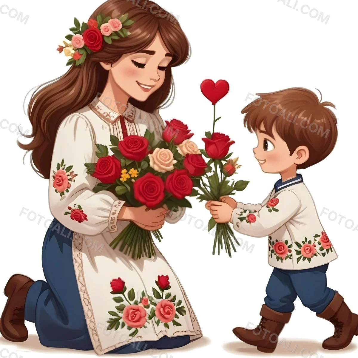 Digital Painting A Woman With Long Brown Hair Wearing A Traditional Embroidered Dress Is Kneeling And Receiving A Bouquet Of Roses From A Young Boy With Short Brown Hair The Boy Is Wearing A Similar Embroidered Shirt An 7 4101