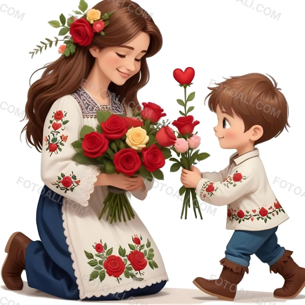Digital Painting A Woman With Long Brown Hair Wearing A Traditional Embroidered Dress Is Kneeling And Receiving A Bouquet Of Roses From A Young Boy With Short Brown Hair The Boy Is Wearing A Similar Embroidered Shirt An 8 69ef