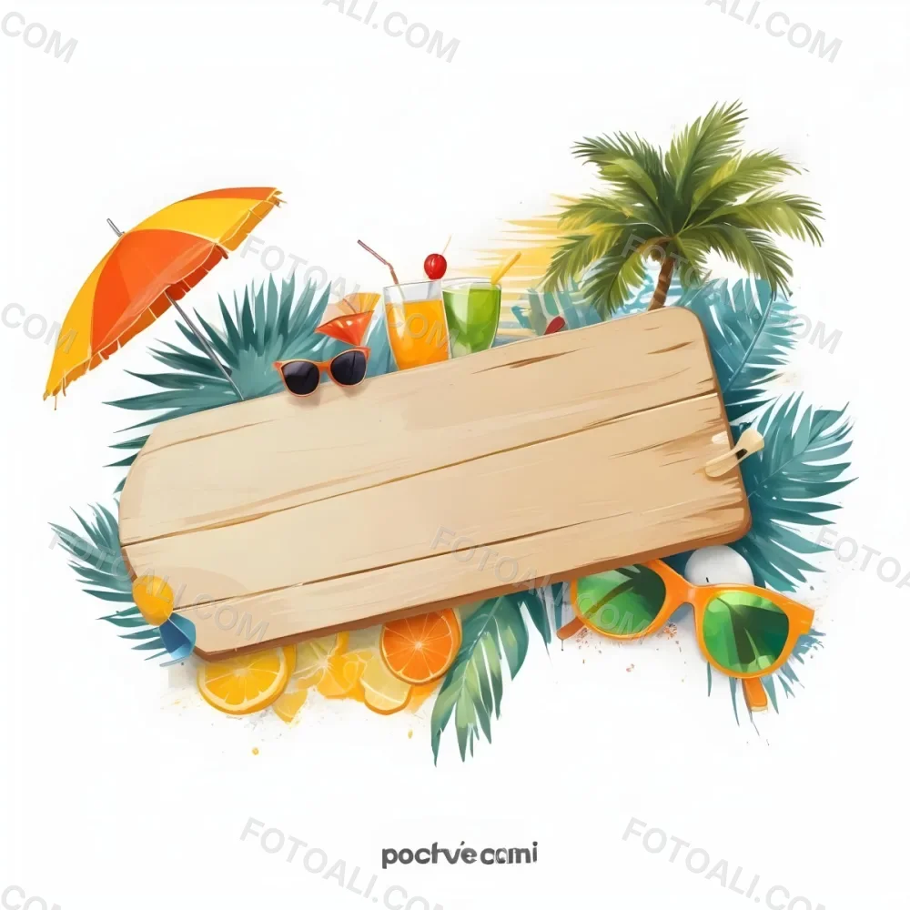 Digital Painting A Wooden Plank With A Beach Umbrella Cocktails A Coconut A Palm Tree Sunglasses A Surfboard A Beach Ball An Orange And Tropical Leaves Bold And Slim Lines Brush Strokes 11 101f