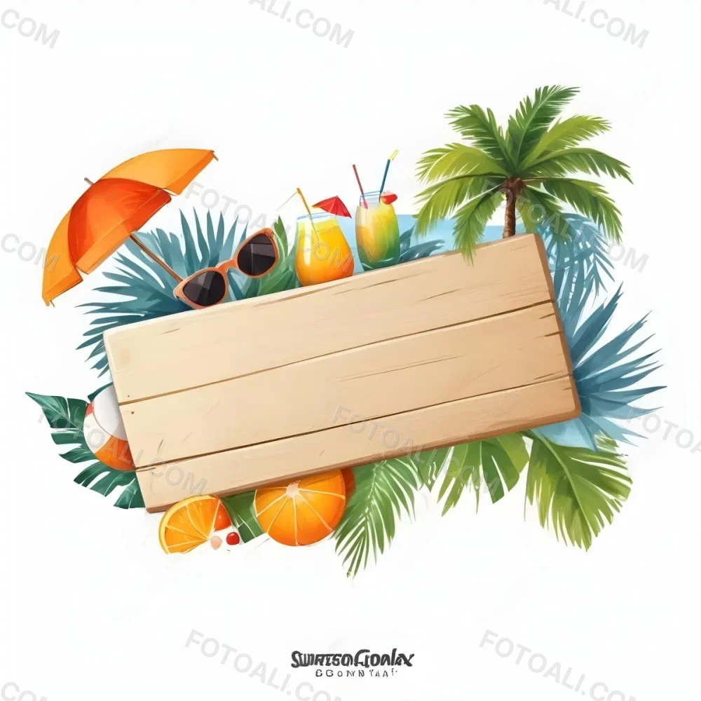 Digital Painting A Wooden Plank With A Beach Umbrella Cocktails A Coconut A Palm Tree Sunglasses A Surfboard A Beach Ball An Orange And Tropical Leaves Bold And Slim Lines Brush Strokes 14 5922