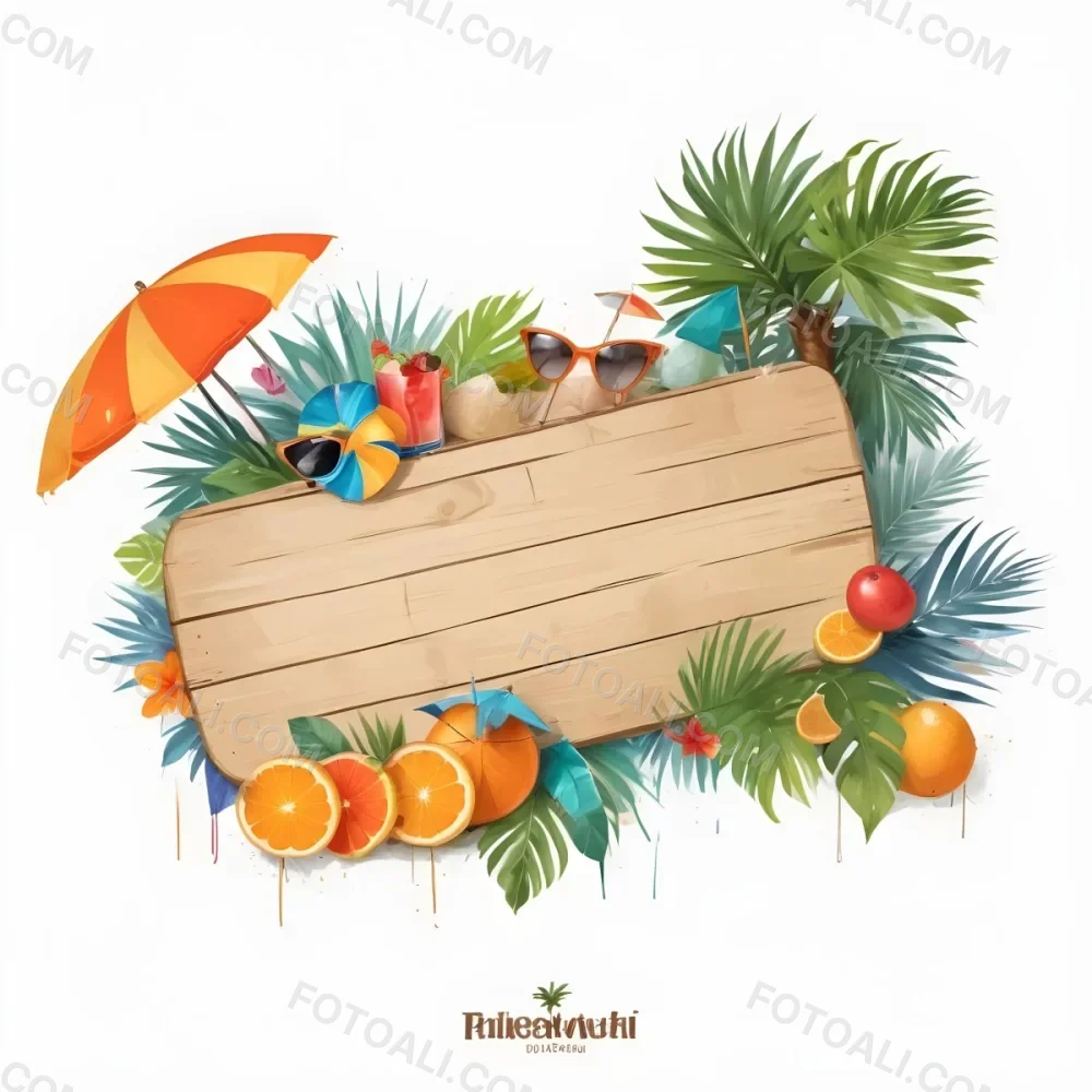 Digital Painting A Wooden Plank With A Beach Umbrella Cocktails A Coconut A Palm Tree Sunglasses A Surfboard A Beach Ball An Orange And Tropical Leaves Bold And Slim Lines Brush Strokes 18 9112