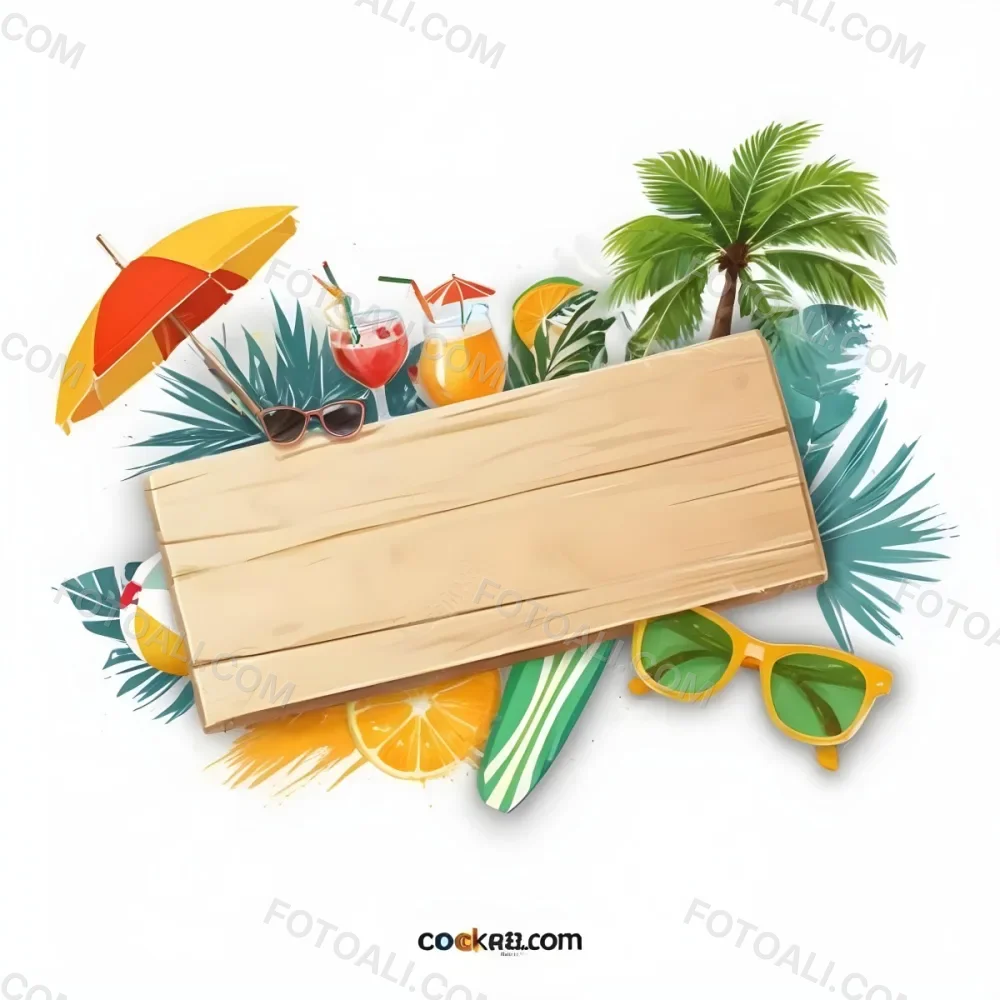 Digital Painting A Wooden Plank With A Beach Umbrella Cocktails A Coconut A Palm Tree Sunglasses A Surfboard A Beach Ball An Orange And Tropical Leaves Bold And Slim Lines Brush Strokes 3 Fdb5