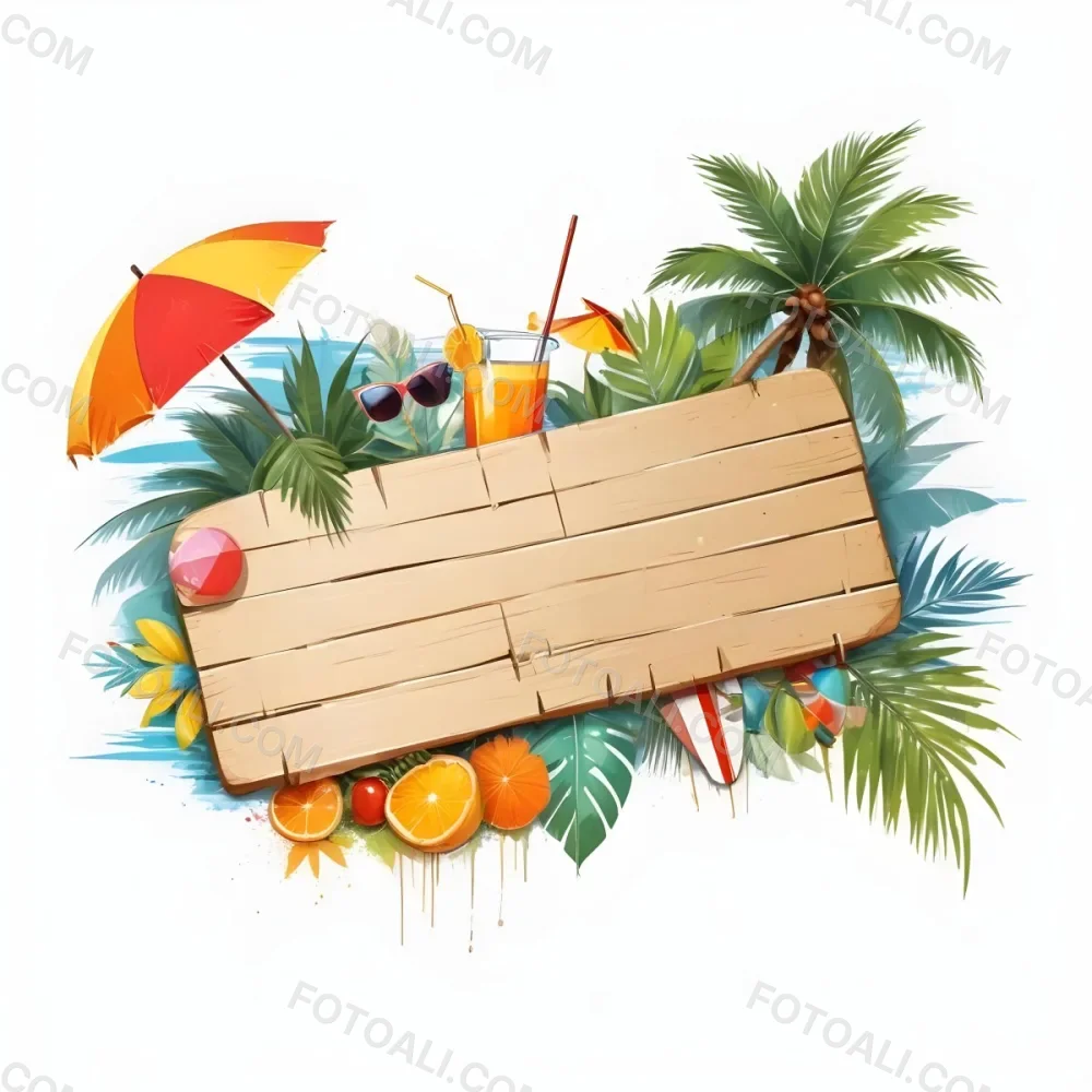 Digital Painting A Wooden Plank With A Beach Umbrella Cocktails A Coconut A Palm Tree Sunglasses A Surfboard A Beach Ball An Orange And Tropical Leaves Bold And Slim Lines Brush Strokes 4 C26e