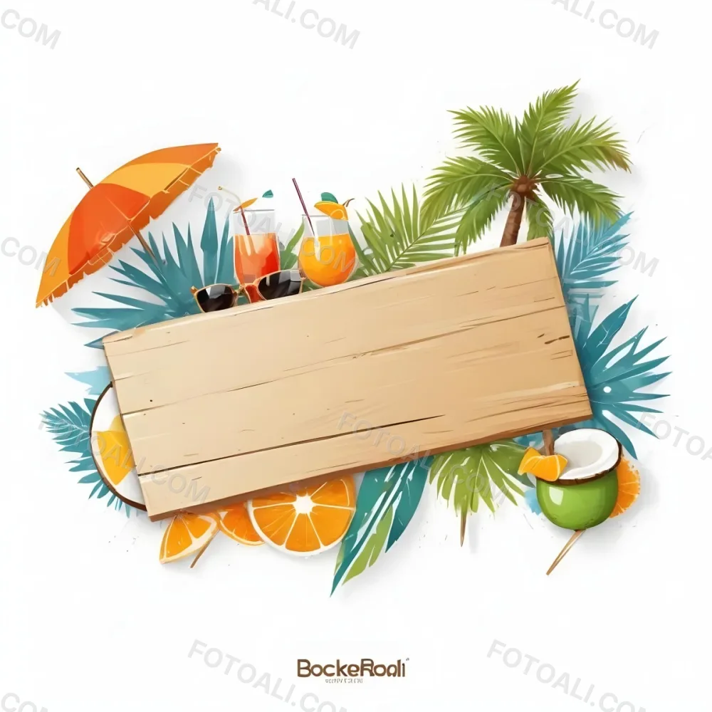 Digital Painting A Wooden Plank With A Beach Umbrella Cocktails A Coconut A Palm Tree Sunglasses A Surfboard A Beach Ball An Orange And Tropical Leaves Bold And Slim Lines Brush Strokes 5 Ba2c