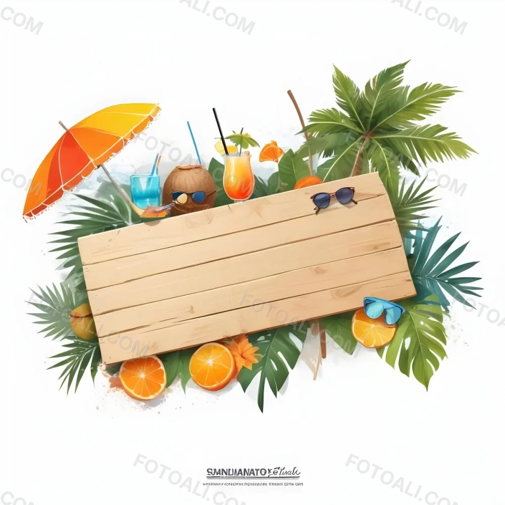 Digital Painting A Wooden Plank With A Beach Umbrella Cocktails A Coconut A Palm Tree Sunglasses A Surfboard A Beach Ball An Orange And Tropical Leaves Bold And Slim Lines Brush Strokes 7 4289