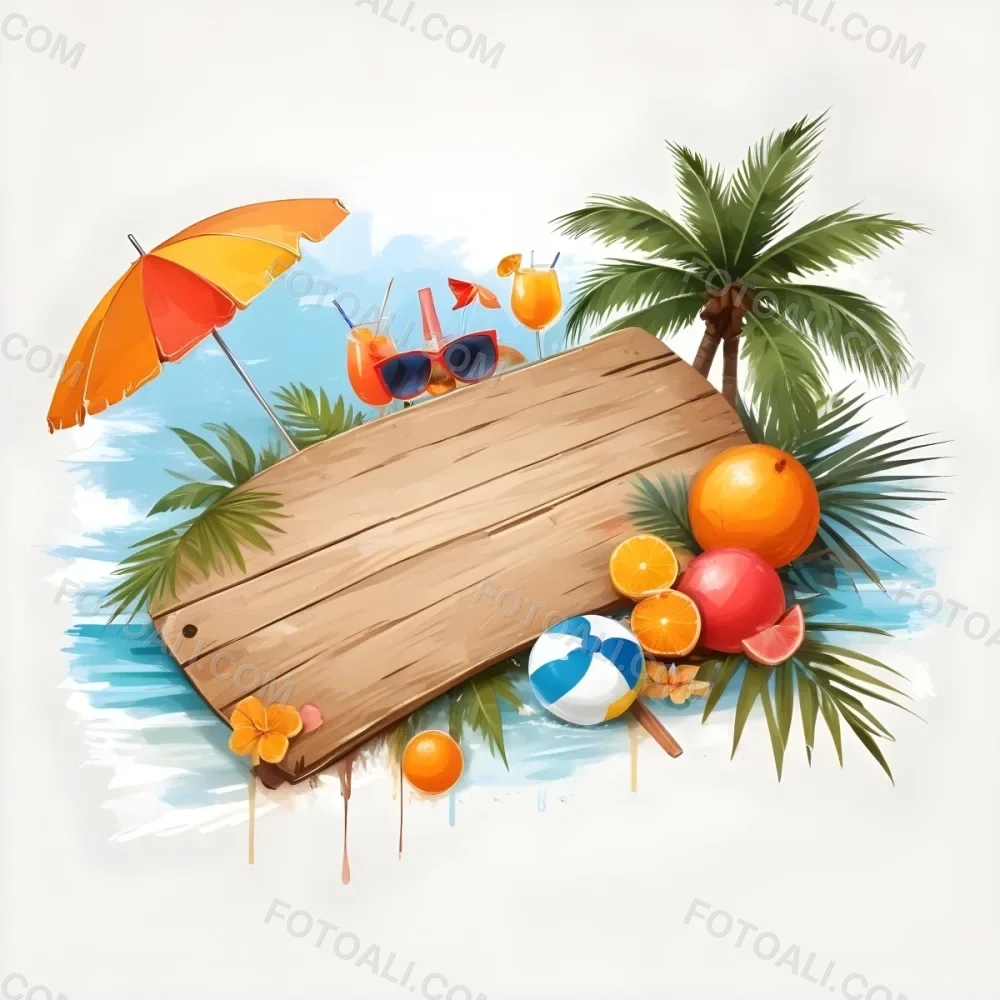 Digital Painting A Wooden Plank With A Beach Umbrella Cocktails A Coconut A Palm Tree Sunglasses A Surfboard A Beach Ball An Orange And Tropical Leaves Bold And Slim Lines Brush Strokes 8 36c8