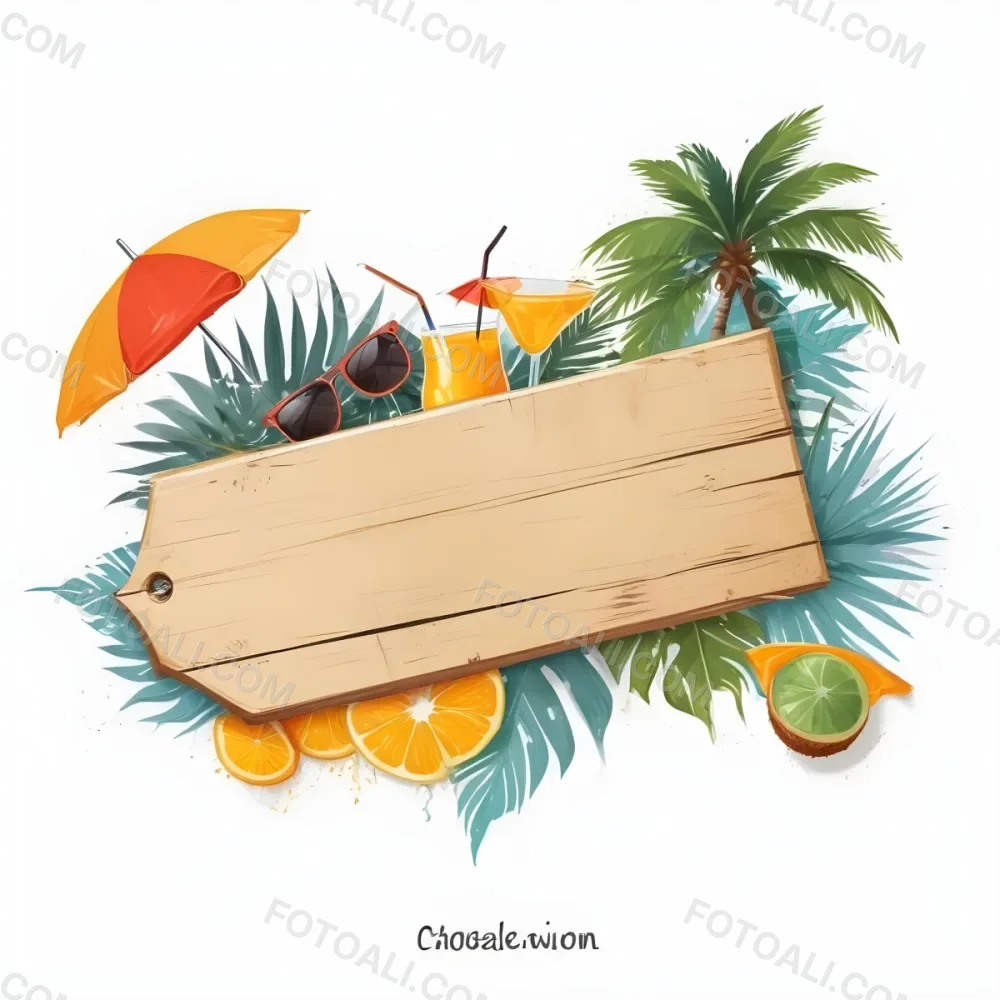 Digital Painting A Wooden Plank With A Beach Umbrella Cocktails A Coconut A Palm Tree Sunglasses A Surfboard A Beach Ball An Orange And Tropical Leaves Bold And Slim Lines Brush Strokes 9 B282