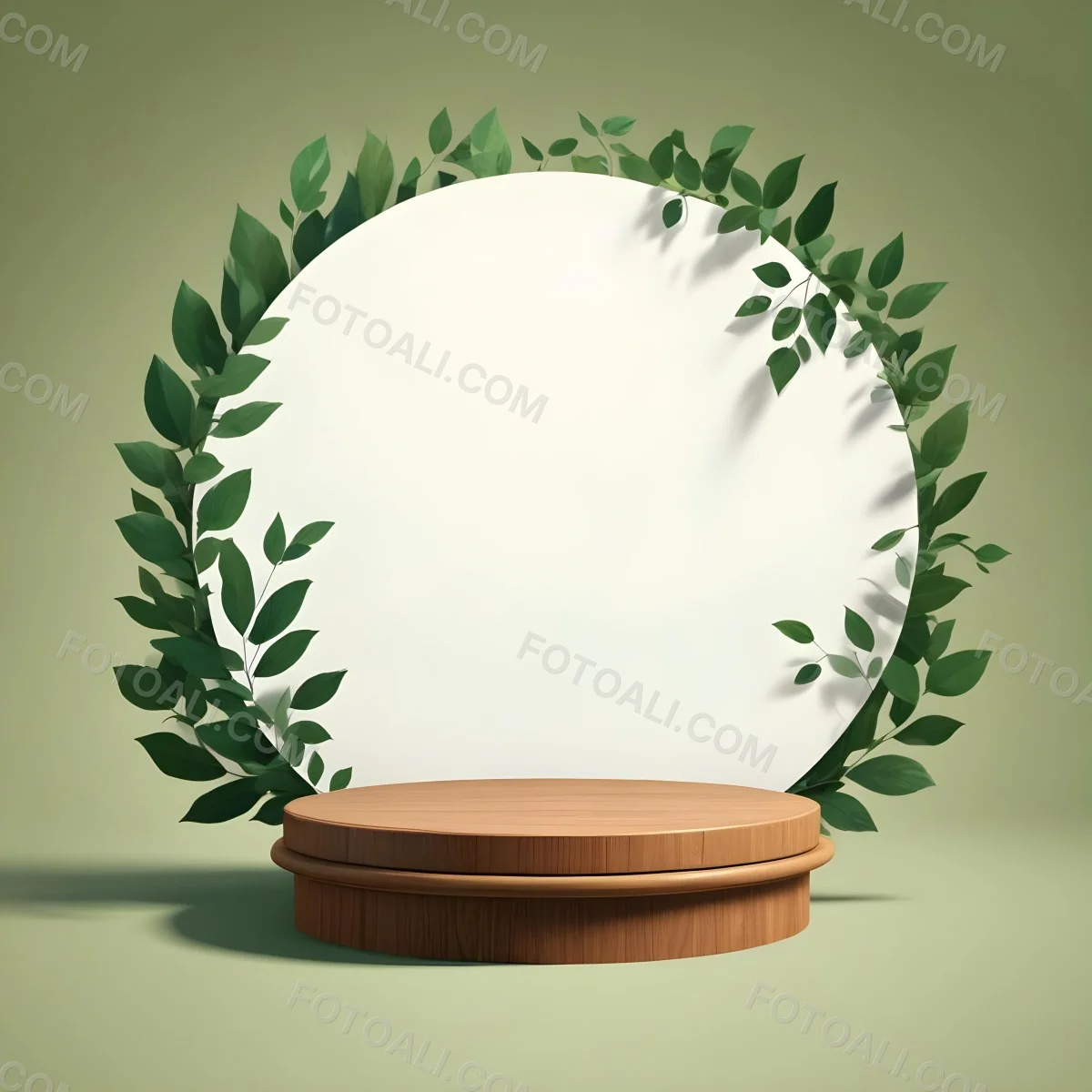 Digital Painting A Wooden Podium With Green Leaves Around A Green Circle In A Green Background With Shadows Of Leaves Bold And Slim Lines Brush Strokes 18 C40d