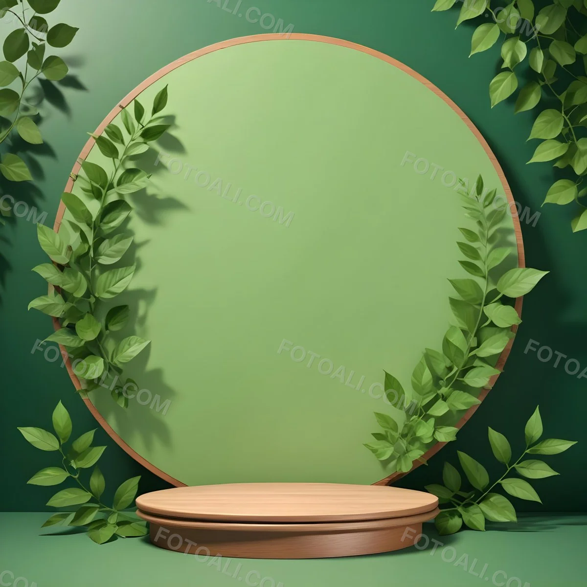 Digital Painting A Wooden Podium With Green Leaves Around A Green Circle In A Green Background With Shadows Of Leaves Bold And Slim Lines Brush Strokes 19 3e7a