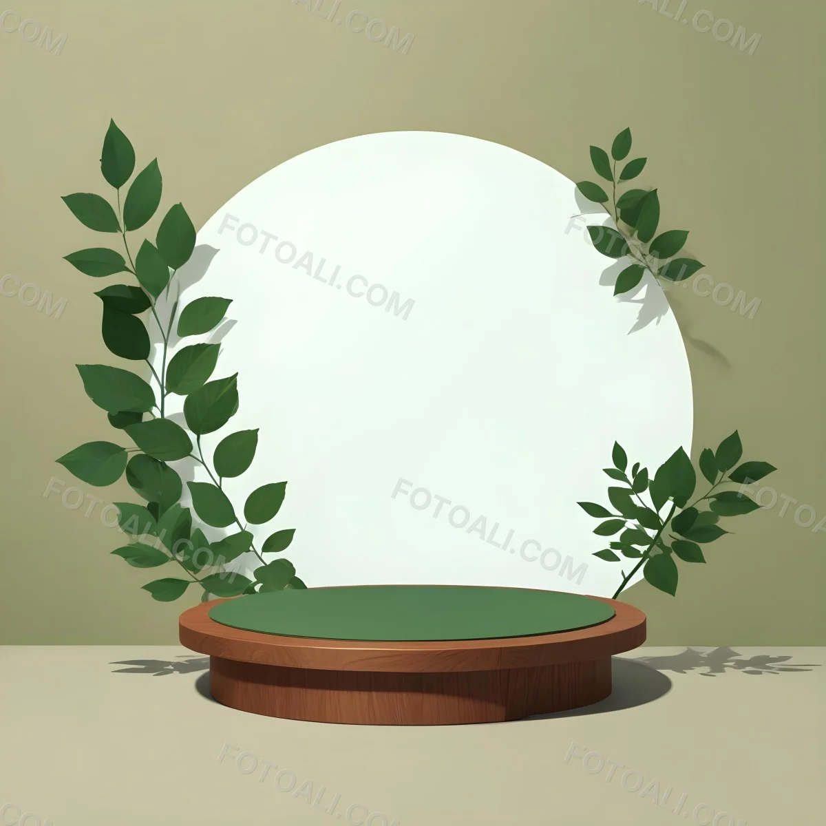Digital Painting A Wooden Podium With Green Leaves Around A Green Circle In A Green Background With Shadows Of Leaves Bold And Slim Lines Brush Strokes 20 C0ad