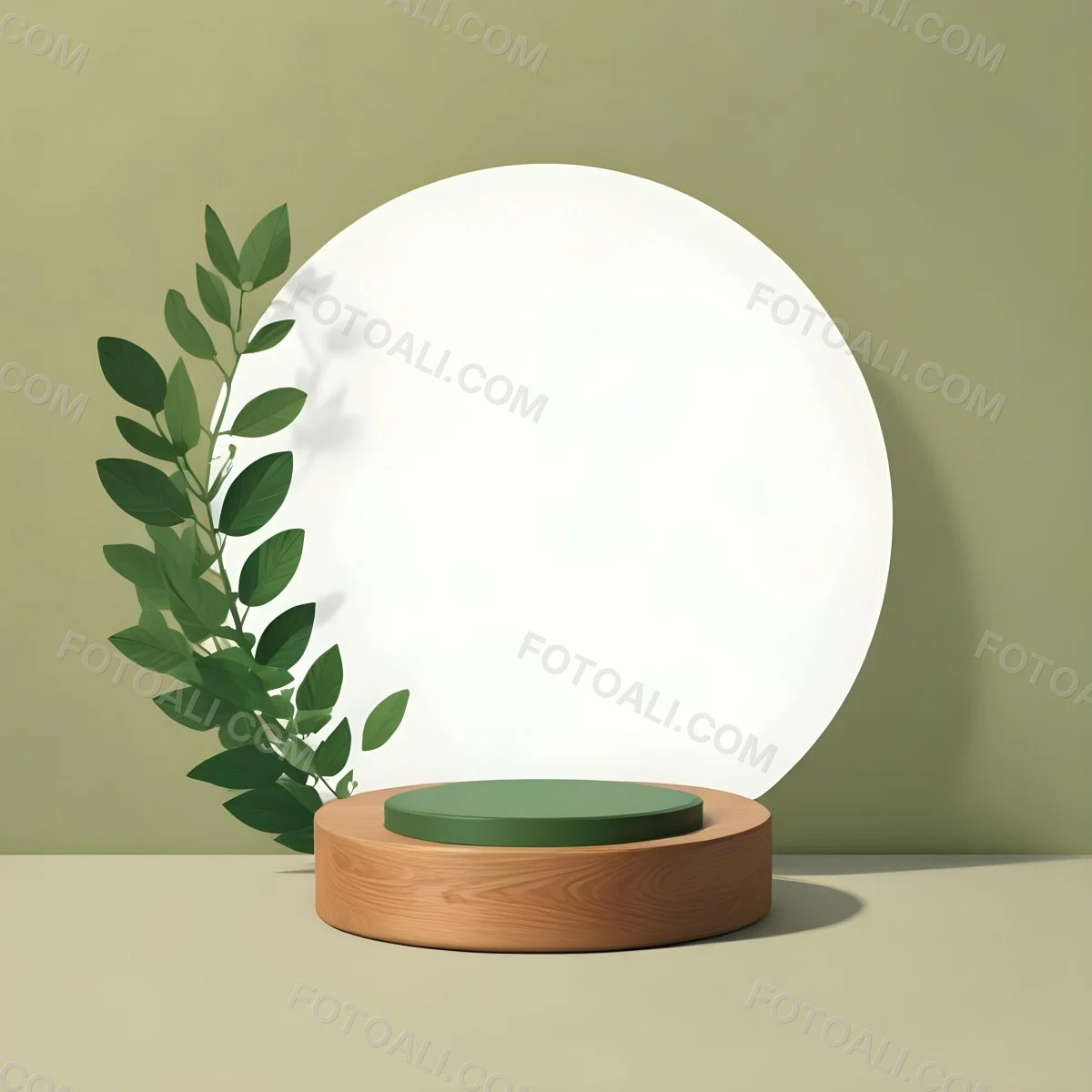 Digital Painting A Wooden Podium With Green Leaves Around A Green Circle In A Green Background With Shadows Of Leaves Bold And Slim Lines Brush Strokes 22 E937