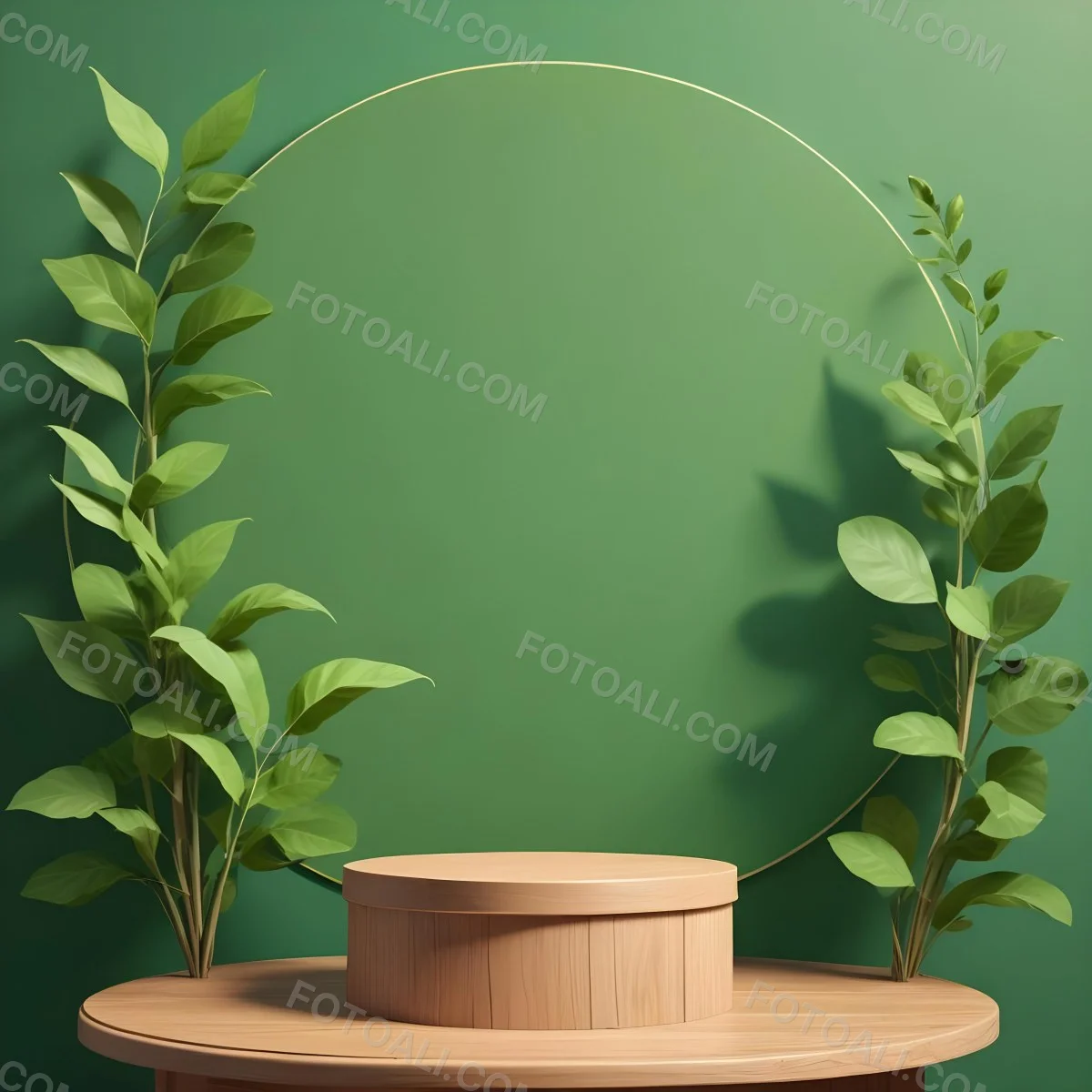 Digital Painting A Wooden Podium With Green Leaves Around A Green Circle In A Green Background With Shadows Of Leaves Bold And Slim Lines Brush Strokes 23 D3fc