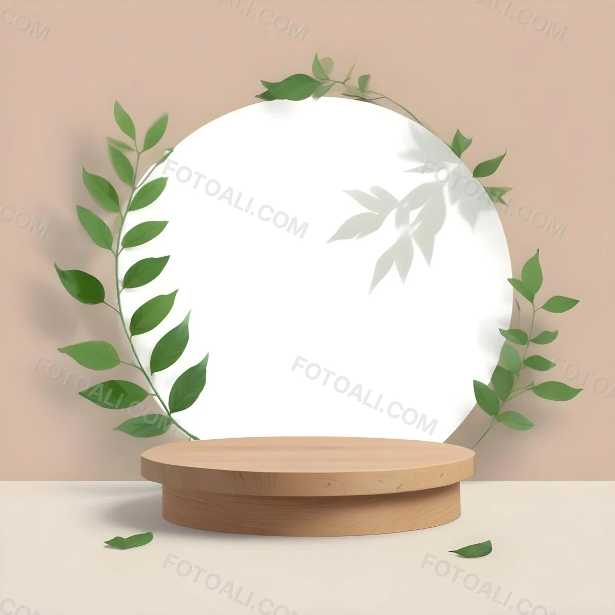 Digital Painting A Wooden Podium With Green Leaves Around A Green Circle In A Green Background With Shadows Of Leaves Bold And Slim Lines Brush Strokes 5 827a