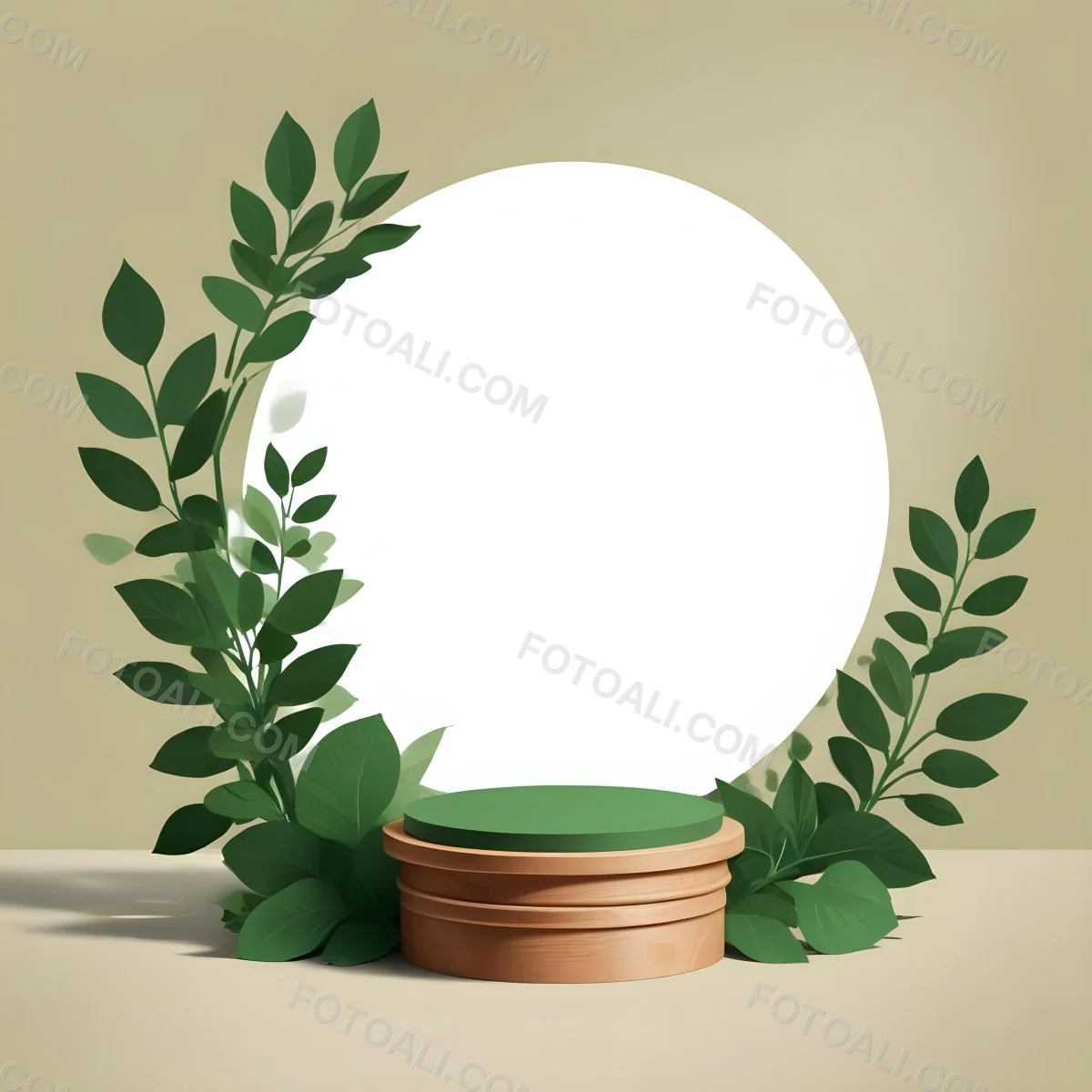Digital Painting A Wooden Podium With Green Leaves Around A Green Circle In A Green Background With Shadows Of Leaves Bold And Slim Lines Brush Strokes 6 F56e