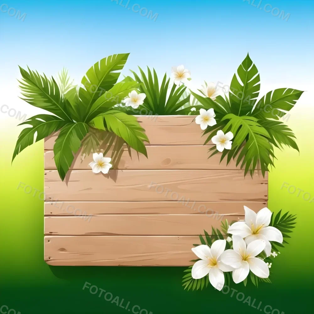 Digital Painting A Wooden Sign With Palm Leaves And White Flowers On A Green Background Sunny Day Bright Colors Tropical Theme Vector Illustration Bold And Slim Lines Brush Strokes 10 9e2b