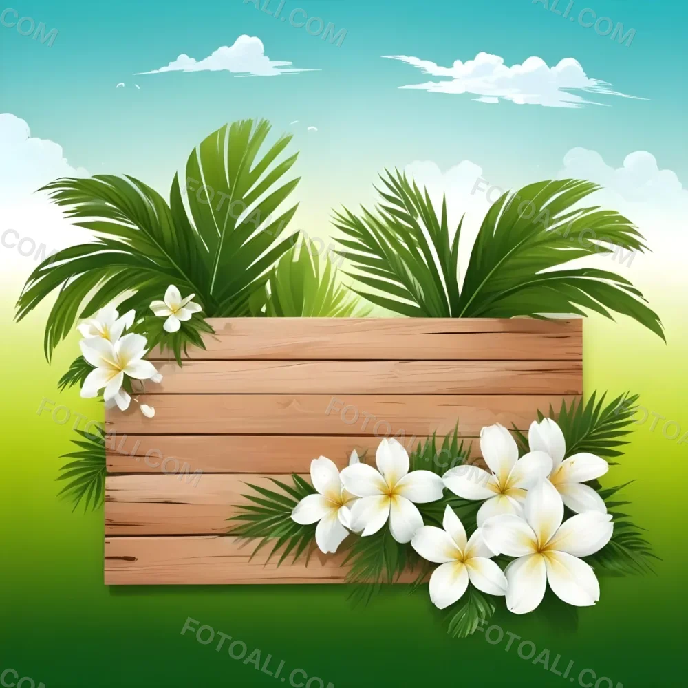Digital Painting A Wooden Sign With Palm Leaves And White Flowers On A Green Background Sunny Day Bright Colors Tropical Theme Vector Illustration Bold And Slim Lines Brush Strokes 11 E320
