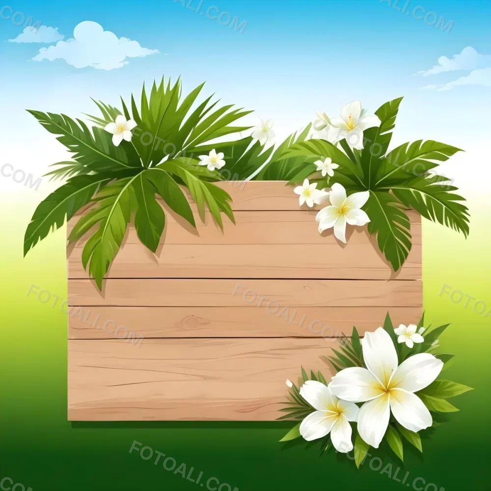 Digital Painting A Wooden Sign With Palm Leaves And White Flowers On A Green Background Sunny Day Bright Colors Tropical Theme Vector Illustration Bold And Slim Lines Brush Strokes 14 90ed