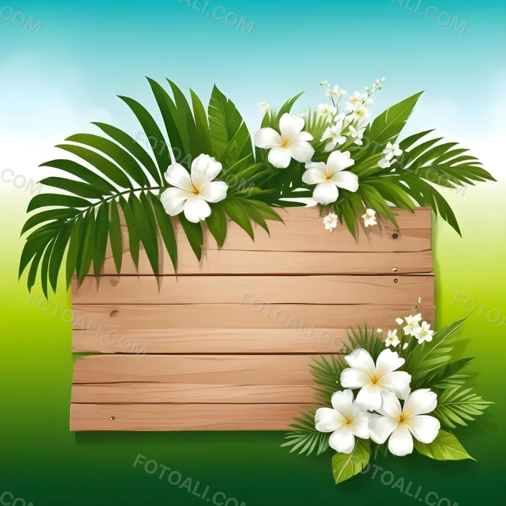 Digital Painting A Wooden Sign With Palm Leaves And White Flowers On A Green Background Sunny Day Bright Colors Tropical Theme Vector Illustration Bold And Slim Lines Brush Strokes 15 0df6