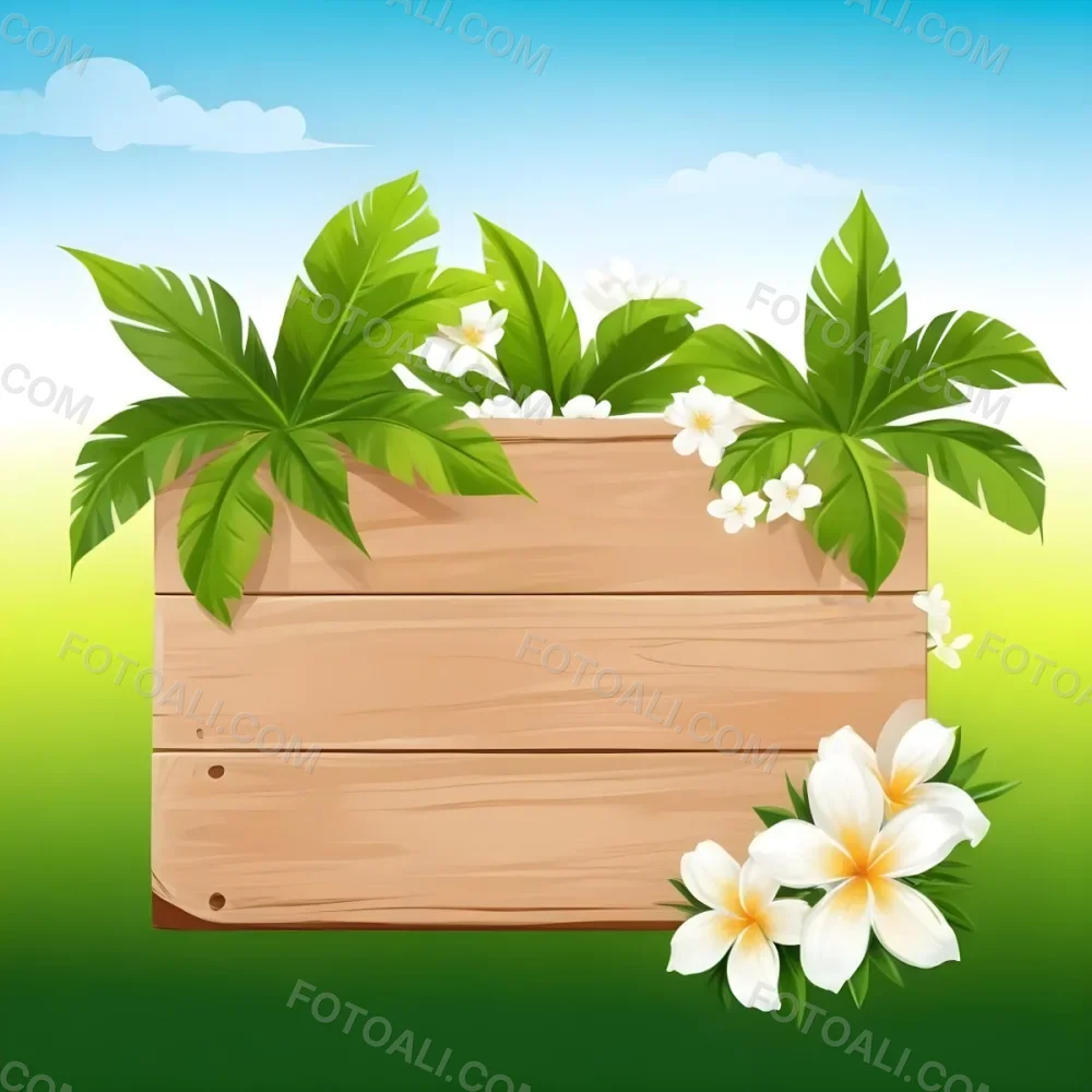 Digital Painting A Wooden Sign With Palm Leaves And White Flowers On A Green Background Sunny Day Bright Colors Tropical Theme Vector Illustration Bold And Slim Lines Brush Strokes 4 2b64