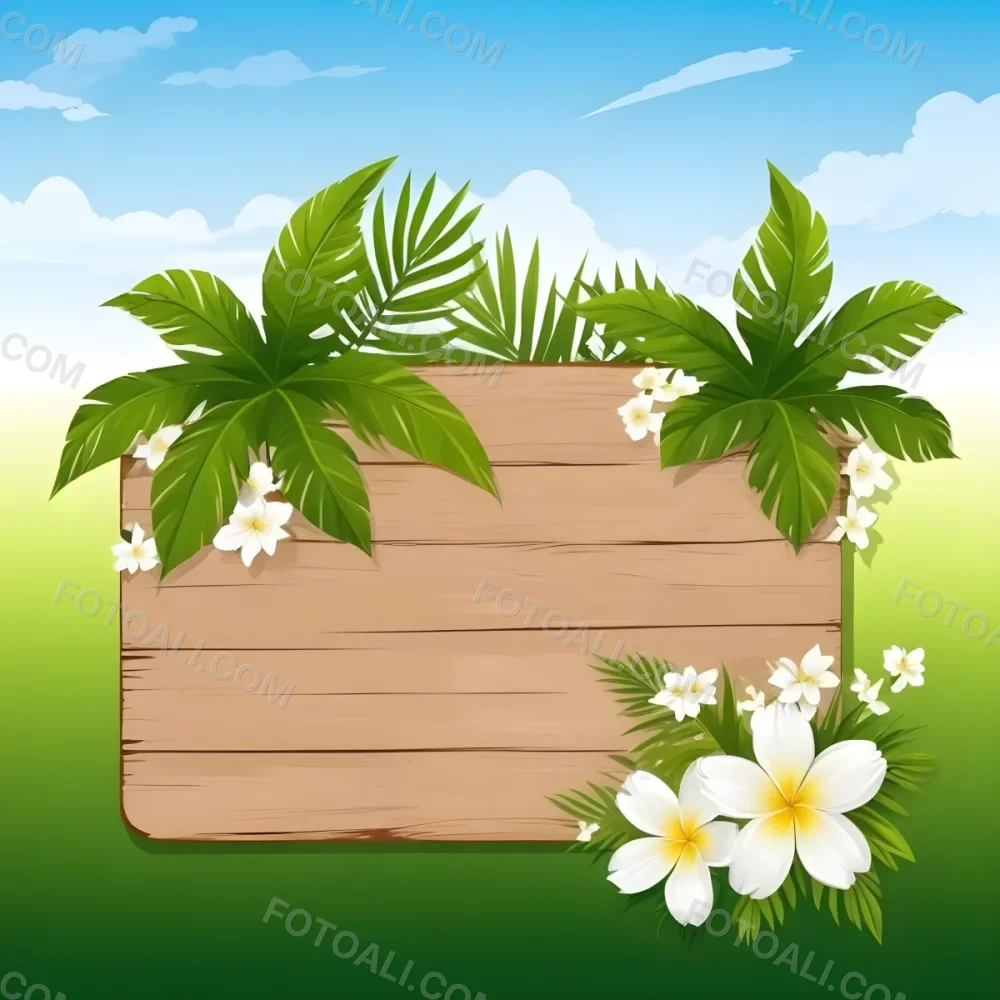 Digital Painting A Wooden Sign With Palm Leaves And White Flowers On A Green Background Sunny Day Bright Colors Tropical Theme Vector Illustration Bold And Slim Lines Brush Strokes 9 6ae6