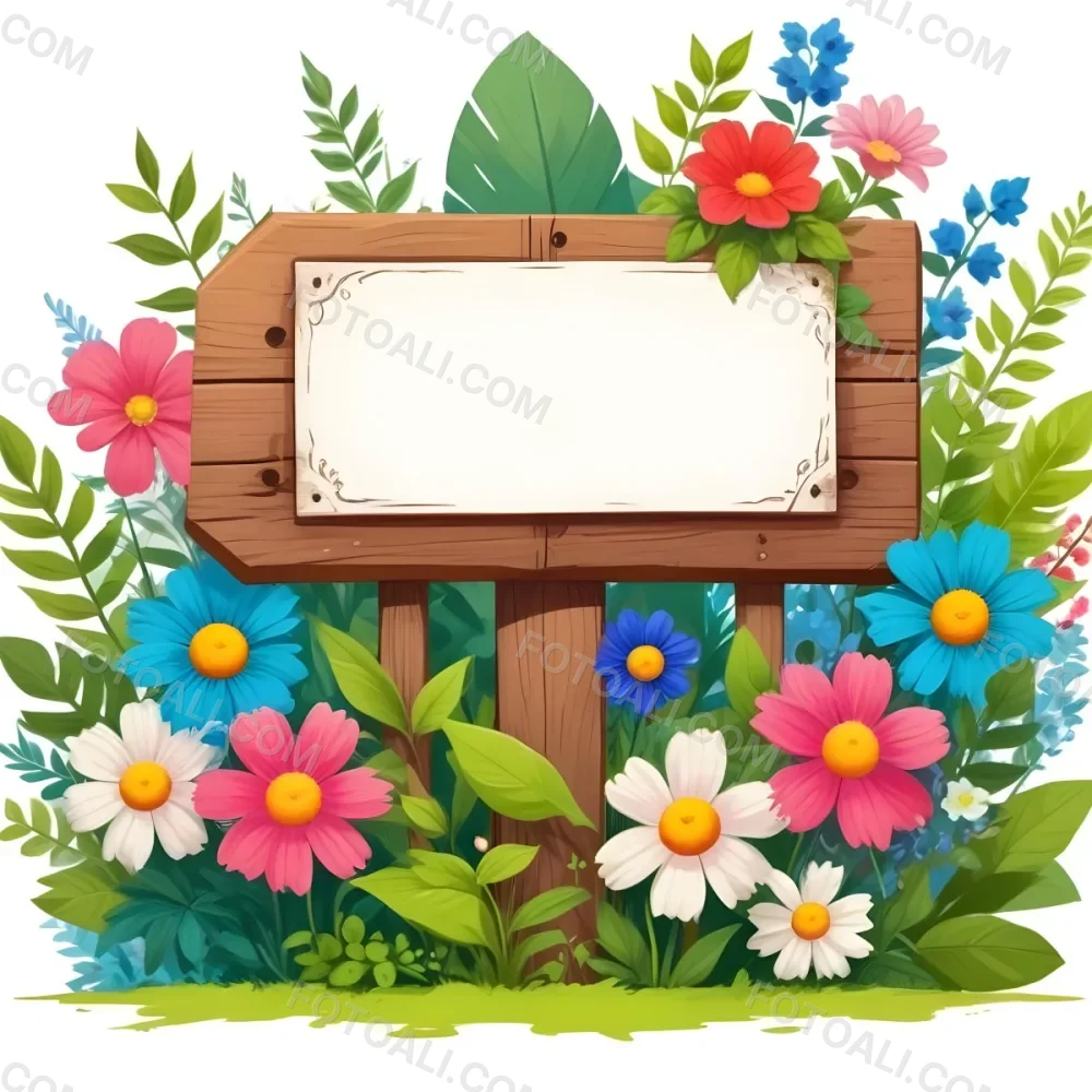 Digital Painting A Wooden Signpost With A Blank Green Area For Text Surrounded By Vibrant Flowers In Various Colors Including Pink Blue And White Alongside Lush Green Leaves And Plants The Background Is Filled W 11 1245