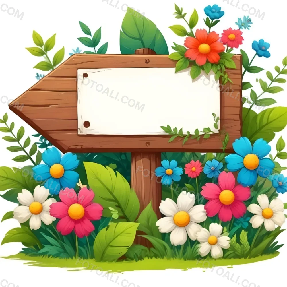 Digital Painting A Wooden Signpost With A Blank Green Area For Text Surrounded By Vibrant Flowers In Various Colors Including Pink Blue And White Alongside Lush Green Leaves And Plants The Background Is Filled W 12 00a3