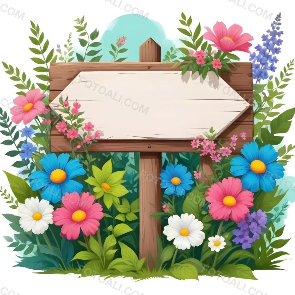 Digital Painting A Wooden Signpost With A Blank Green Area For Text Surrounded By Vibrant Flowers In Various Colors Including Pink Blue And White Alongside Lush Green Leaves And Plants The Background Is Filled W 16 C606