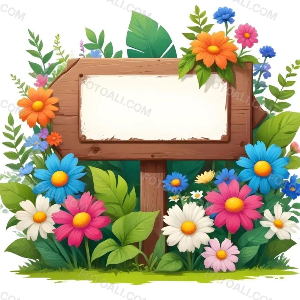 Digital Painting A Wooden Signpost With A Blank Green Area For Text Surrounded By Vibrant Flowers In Various Colors Including Pink Blue And White Alongside Lush Green Leaves And Plants The Background Is Filled W 9 8d34
