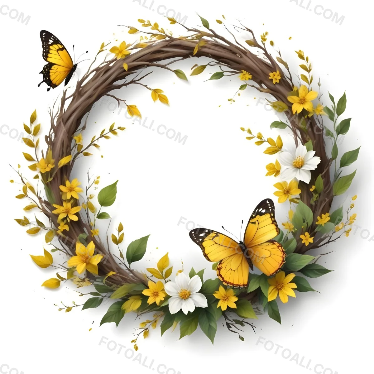Digital Painting A Wreath Made Of Branches With Yellow Leaves And Flowers A Yellow Butterfly On Top White Background Bold And Slim Lines Brush Strokes 15 7327 33f0
