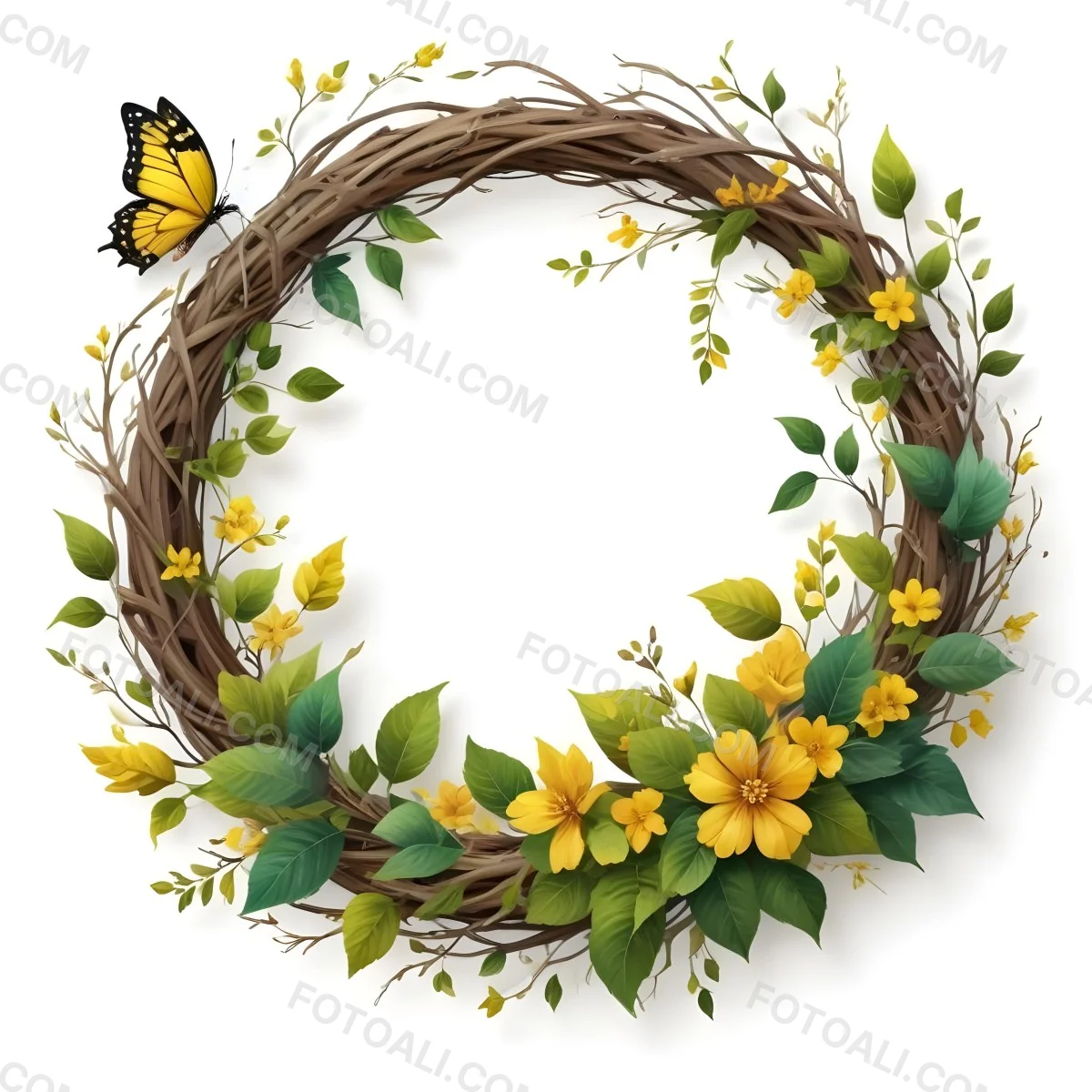 Digital Painting A Wreath Made Of Branches With Yellow Leaves And Flowers A Yellow Butterfly On Top White Background Bold And Slim Lines Brush Strokes 24 2358 1a31