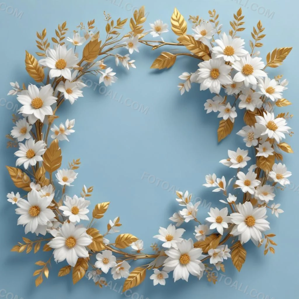 Digital Painting A Wreath Of White Flowers With Golden Leaves On A Light Blue Background Bold And Slim Lines Brush Strokes 1 9bf8