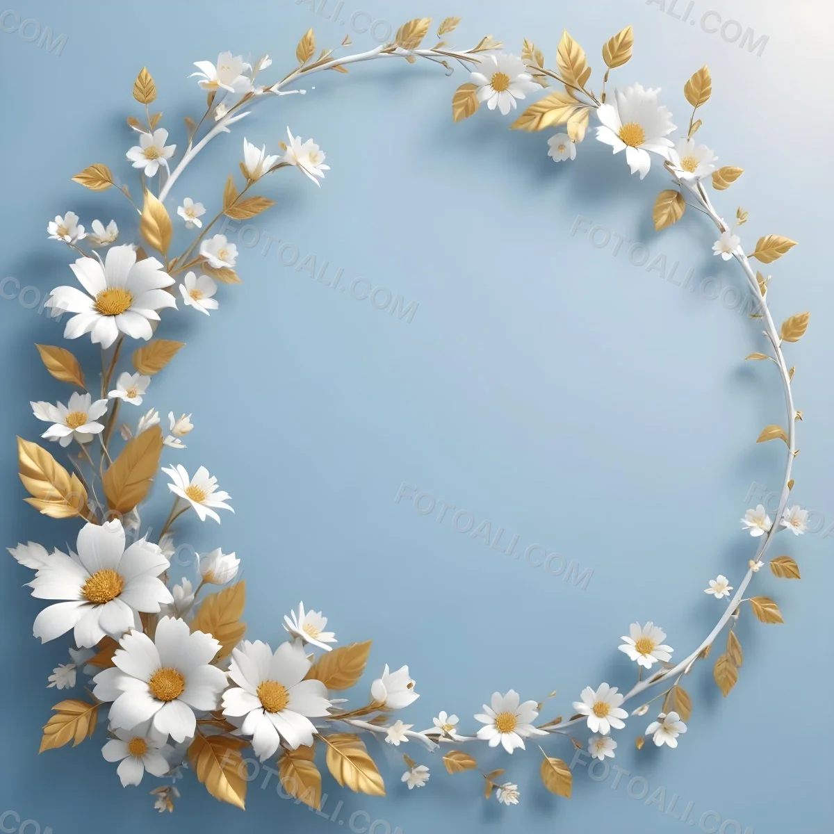 Digital Painting A Wreath Of White Flowers With Golden Leaves On A Light Blue Background Bold And Slim Lines Brush Strokes 10 E1b0