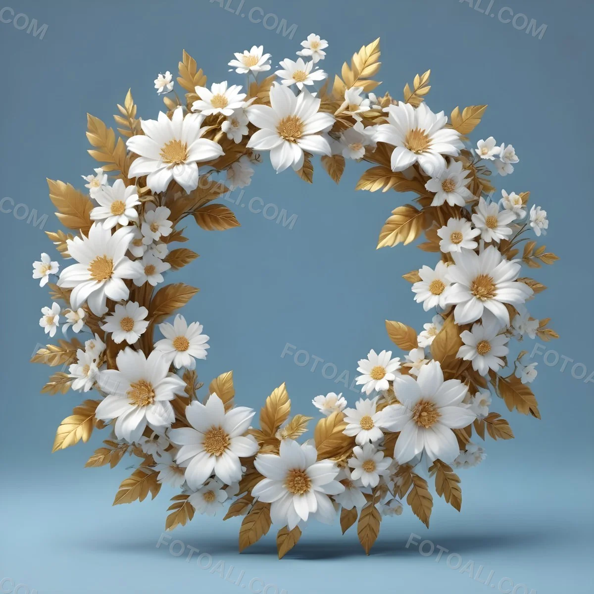 Digital Painting A Wreath Of White Flowers With Golden Leaves On A Light Blue Background Bold And Slim Lines Brush Strokes 13 9cbf