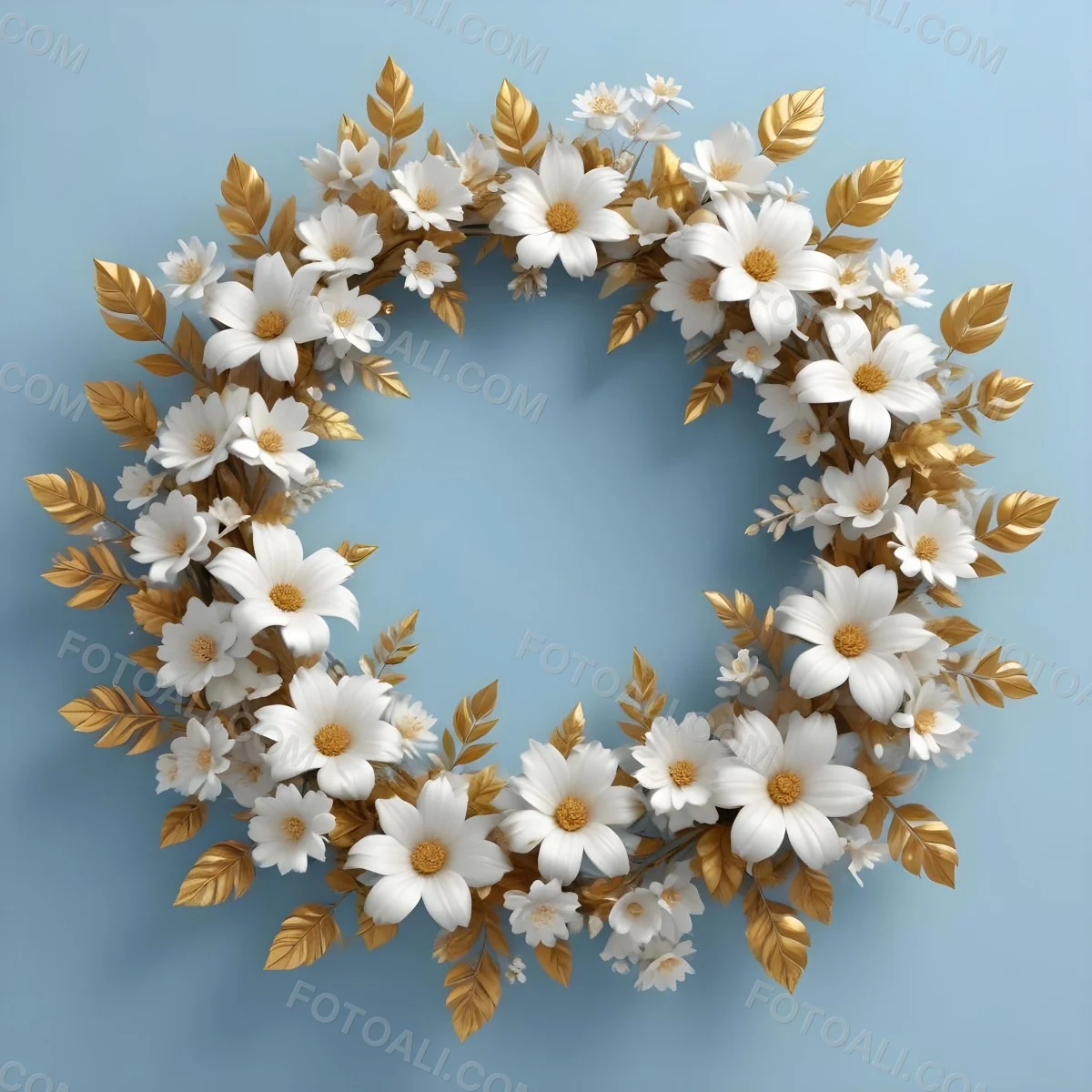 Digital Painting A Wreath Of White Flowers With Golden Leaves On A Light Blue Background Bold And Slim Lines Brush Strokes 16 4b7e