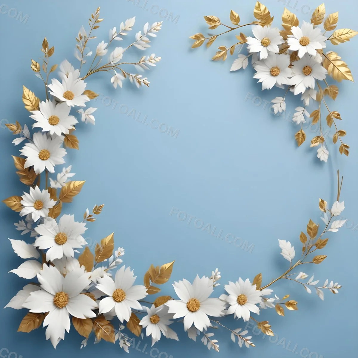 Digital Painting A Wreath Of White Flowers With Golden Leaves On A Light Blue Background Bold And Slim Lines Brush Strokes 23 2b2f