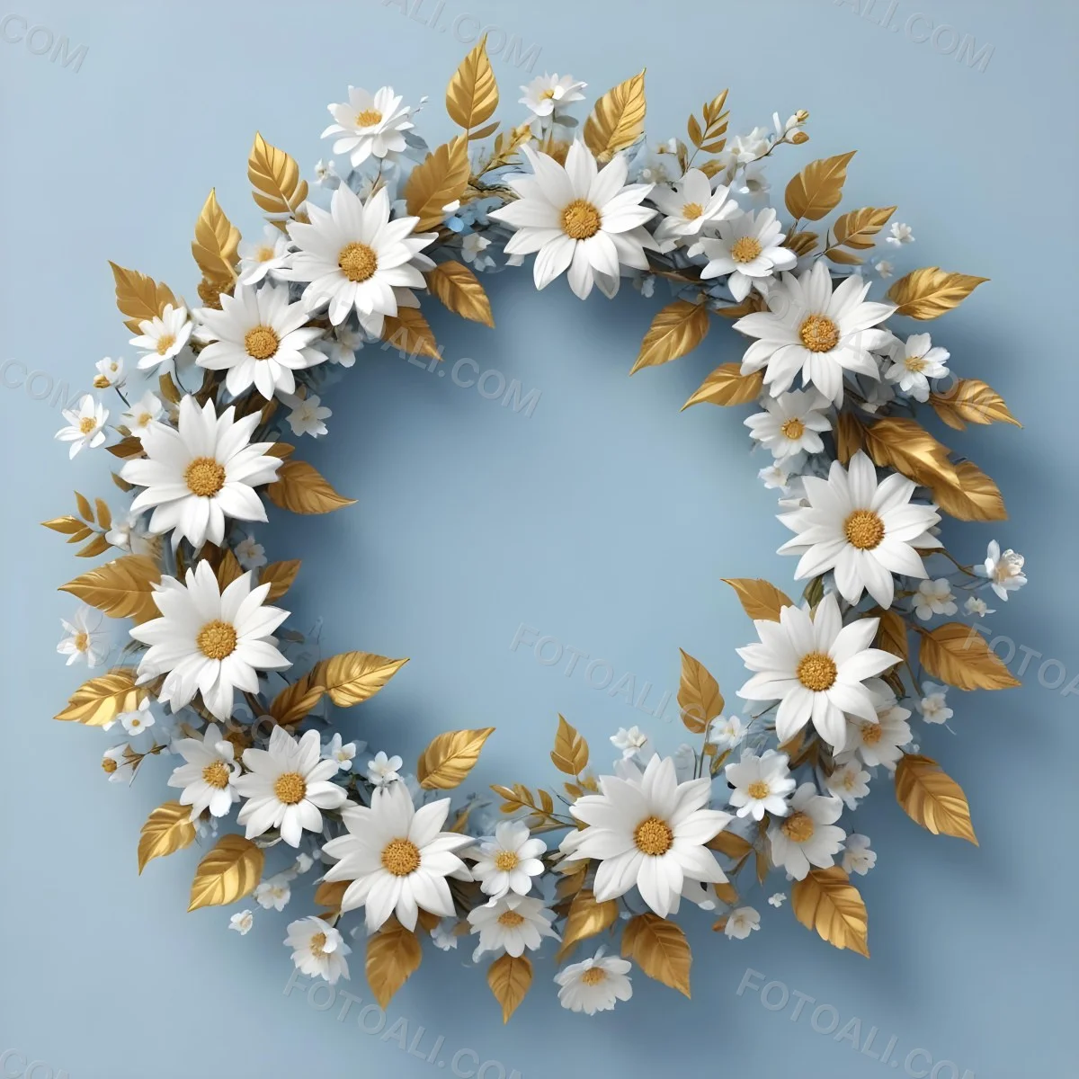 Digital Painting A Wreath Of White Flowers With Golden Leaves On A Light Blue Background Bold And Slim Lines Brush Strokes 26 6e5b
