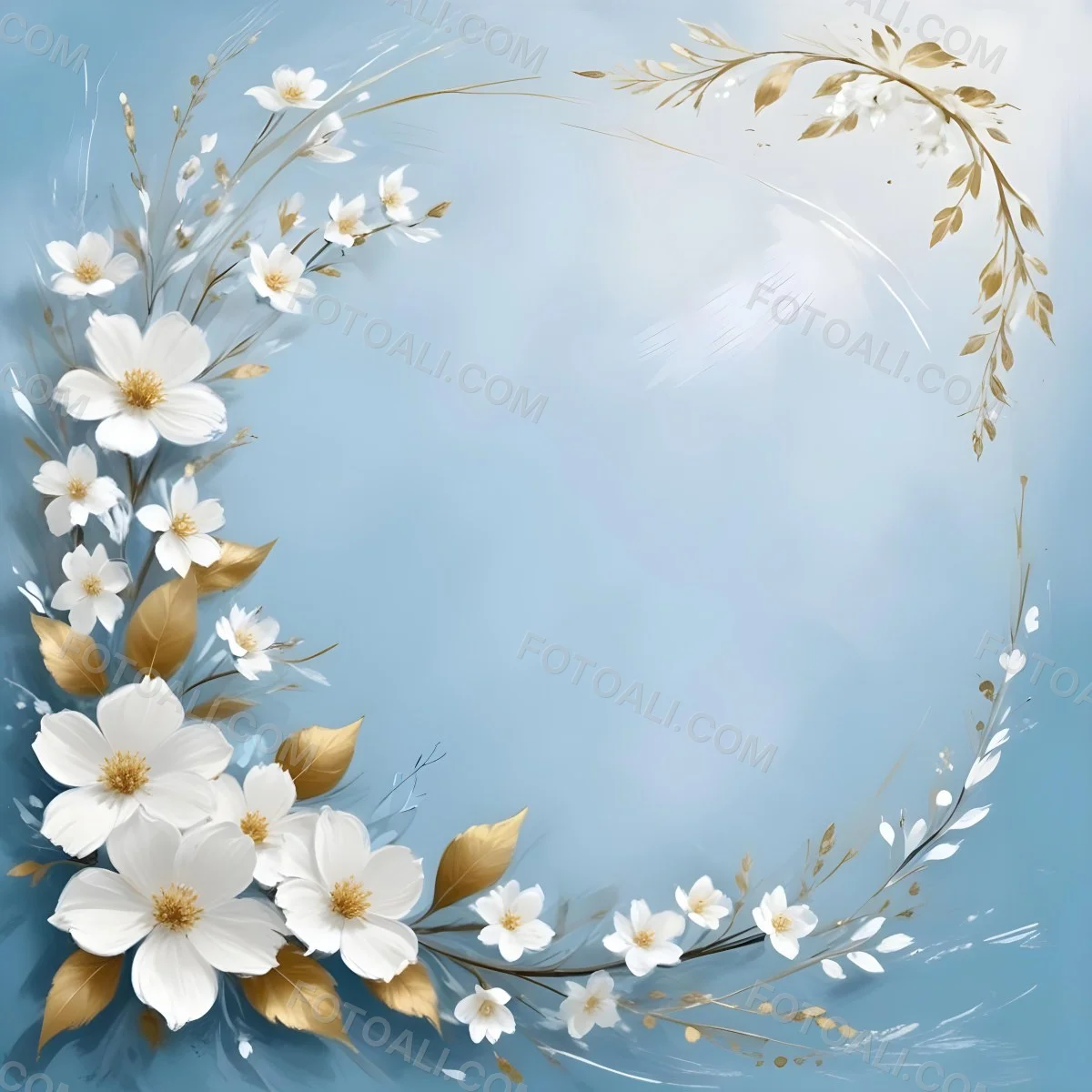 Digital Painting A Wreath Of White Flowers With Golden Leaves On A Light Blue Background Bold And Slim Lines Brush Strokes 35 A3a7