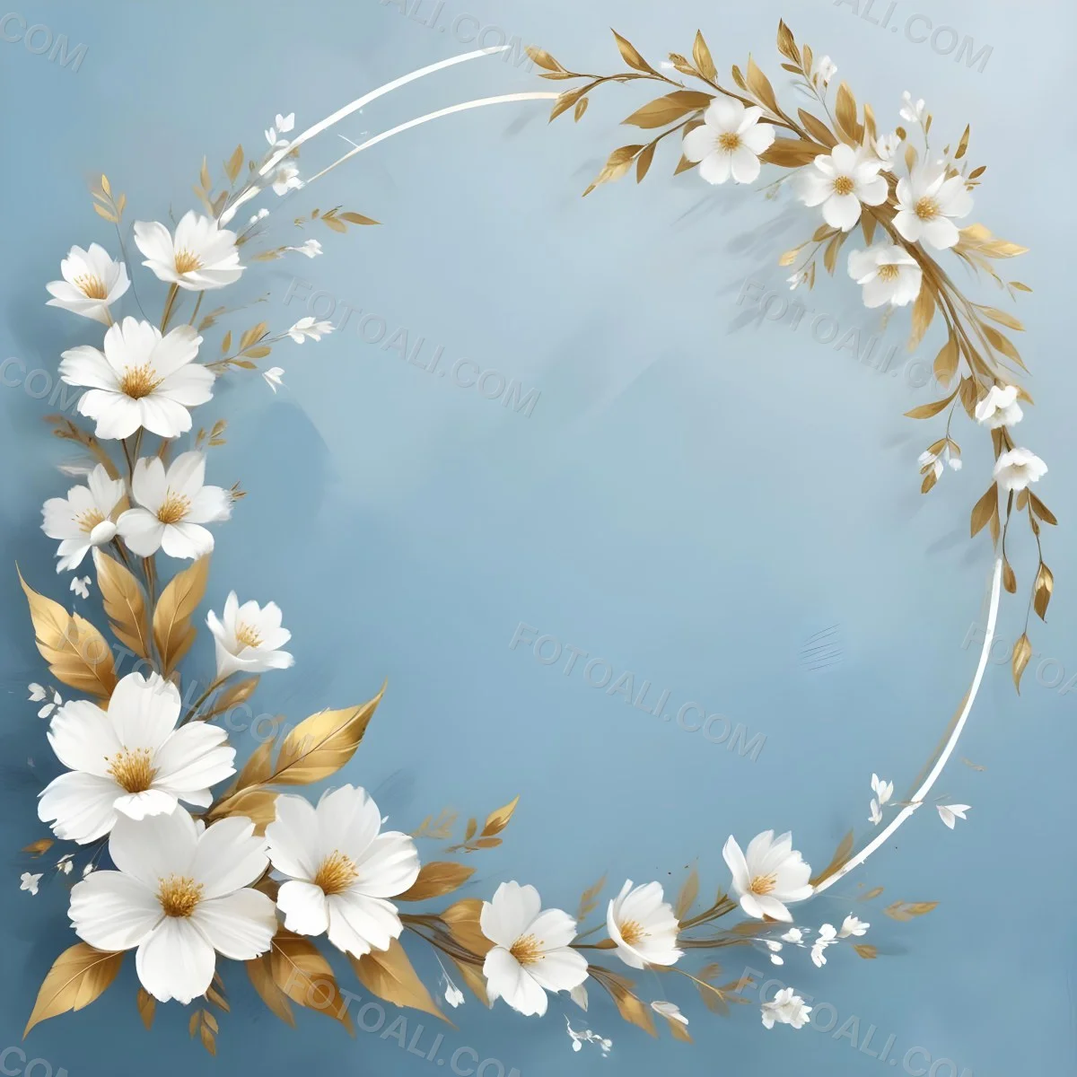 Digital Painting A Wreath Of White Flowers With Golden Leaves On A Light Blue Background Bold And Slim Lines Brush Strokes 36 95f1