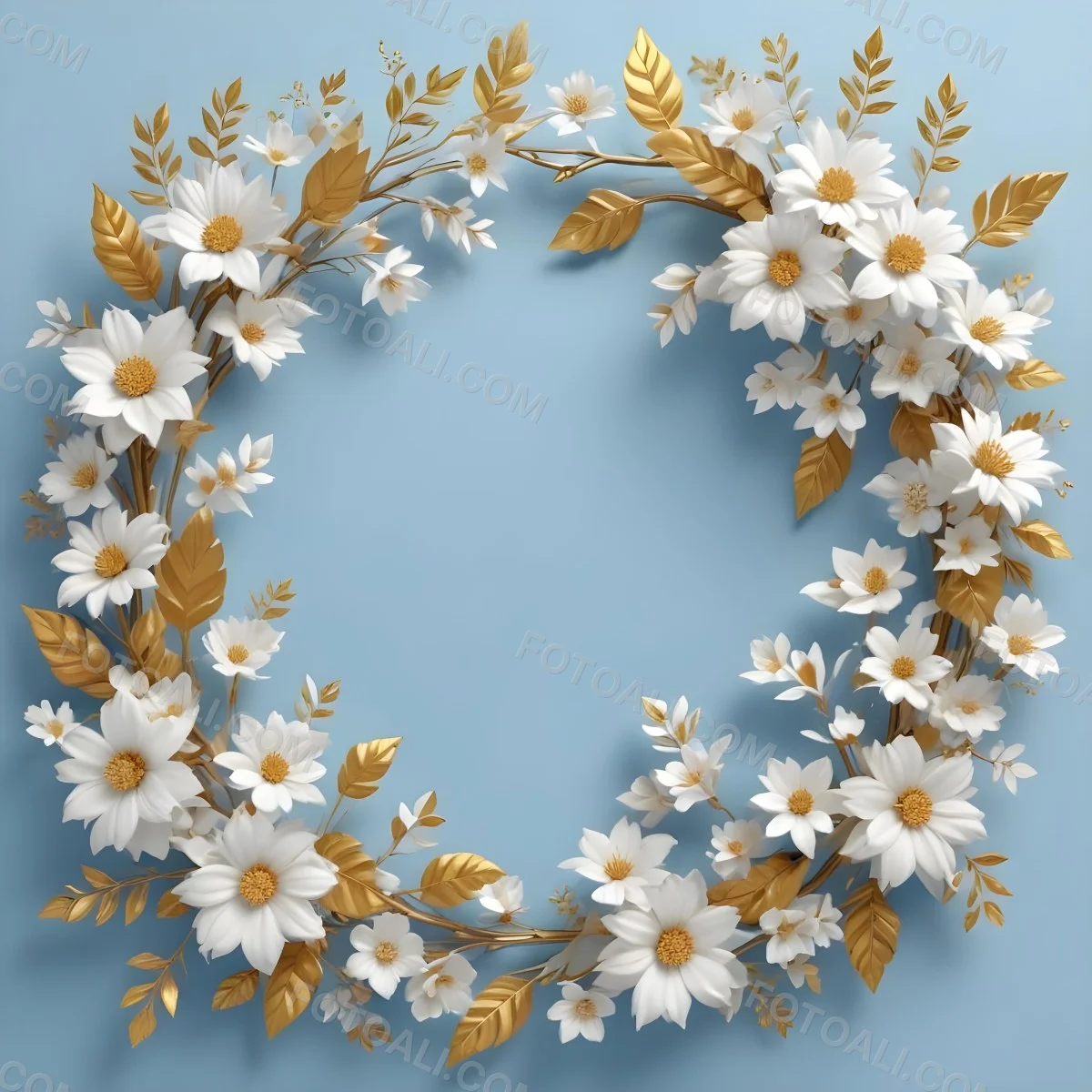 Digital Painting A Wreath Of White Flowers With Golden Leaves On A Light Blue Background Bold And Slim Lines Brush Strokes 5 16dd
