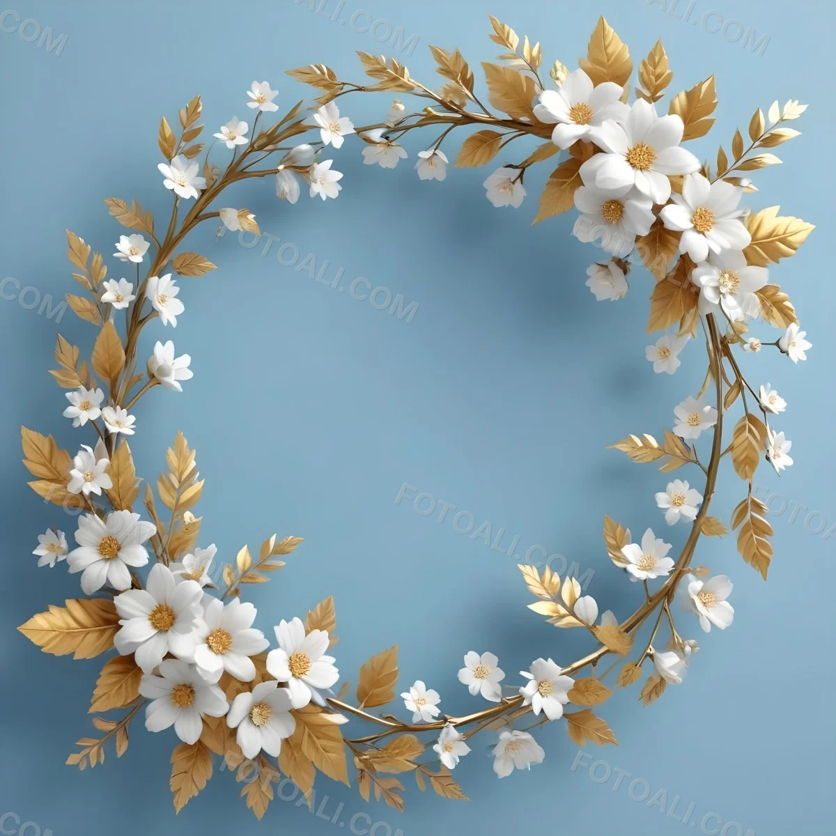 Digital Painting A Wreath Of White Flowers With Golden Leaves On A Light Blue Background Bold And Slim Lines Brush Strokes 6 E92a