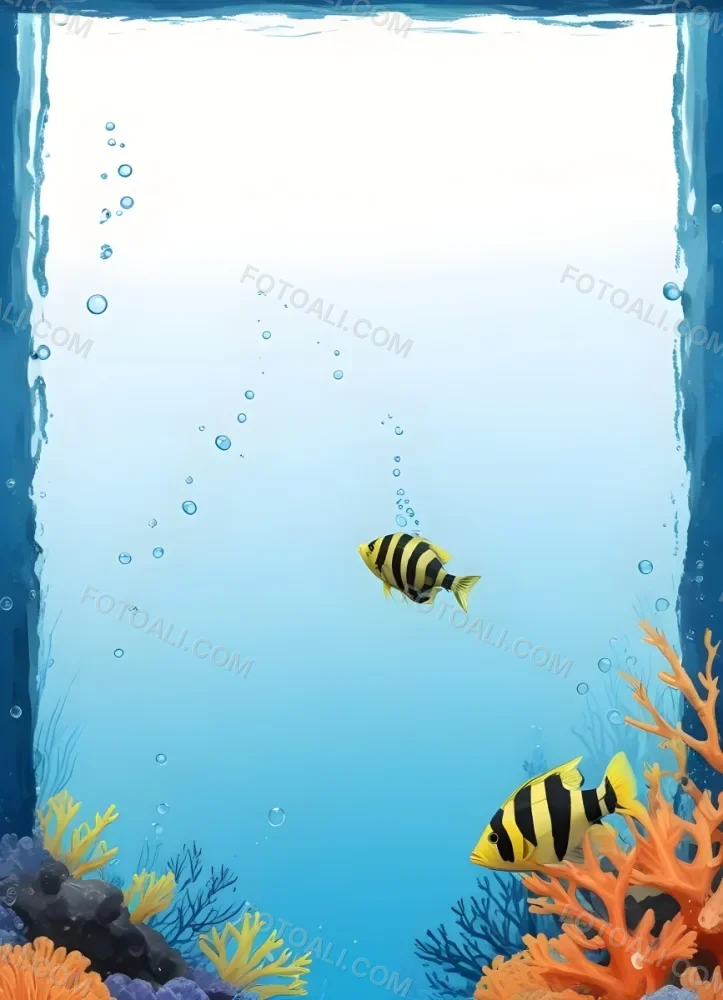 Digital Painting A Yellow And Black Striped Fish Near Orange Coral Blue Water With Bubbles On The Sides Orange Background Bold And Slim Lines Brush Strokes 7 4579