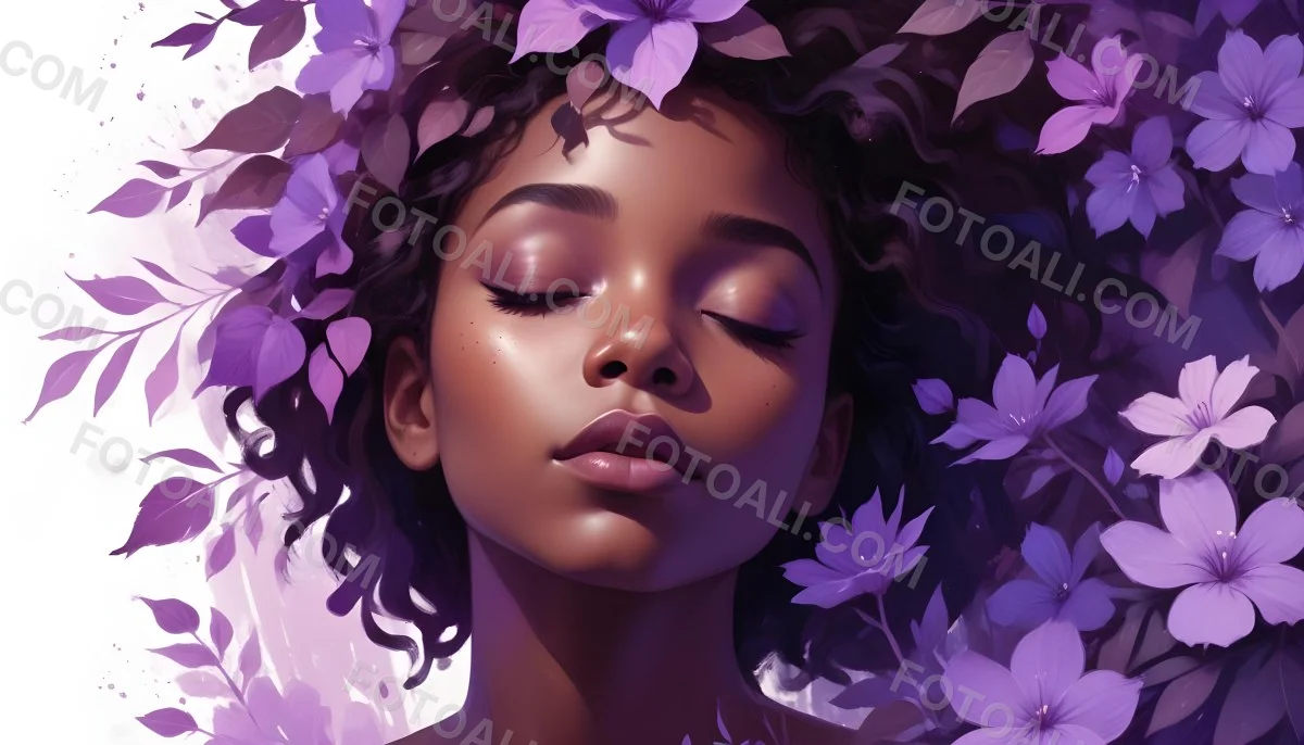 Digital Painting A Young Black Girl With Closed Eyes And Full Lips Surrounded By Purple Flowers And Leaves The Background Is Filled With Various Shades Of Purple Creating A Dreamy Atmosphere Bold And Slim Lines B 10 9fb8
